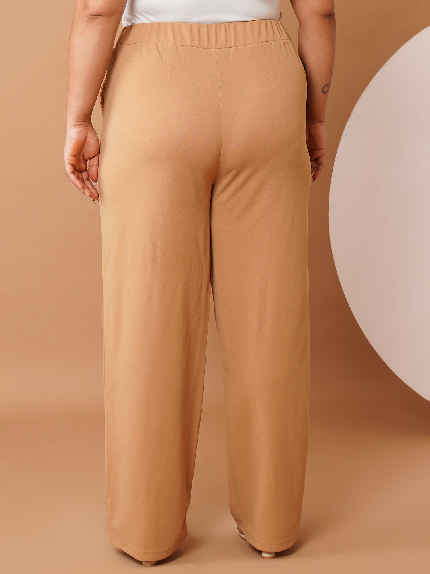 U&F Beyond Plus Size Women’s Solid Beige Straight-Leg Stretch Trousers with Elastic Waistband