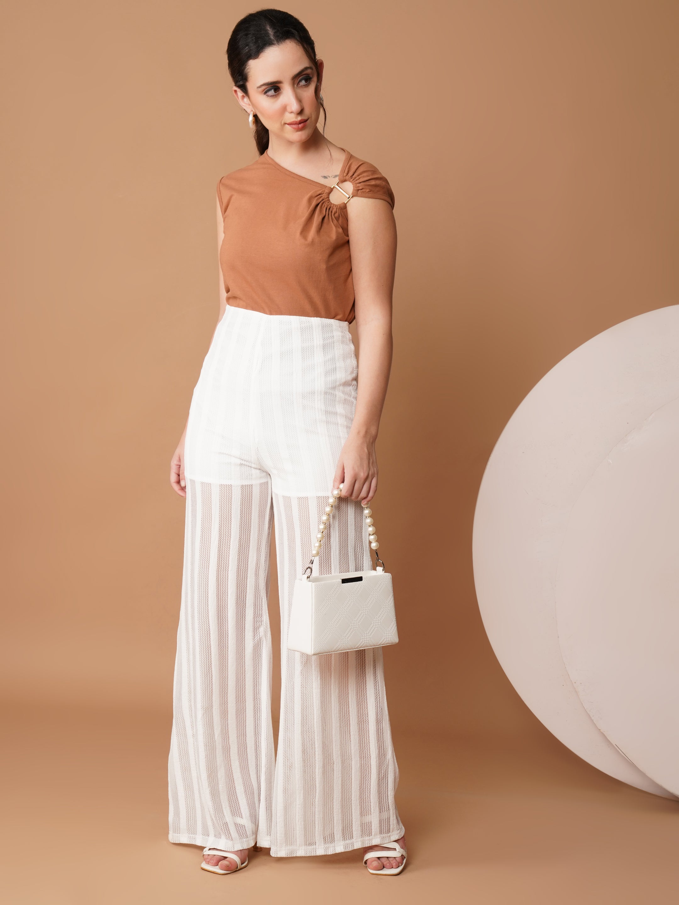 U&F White Sheer Wide-Leg High-Rise Trousers