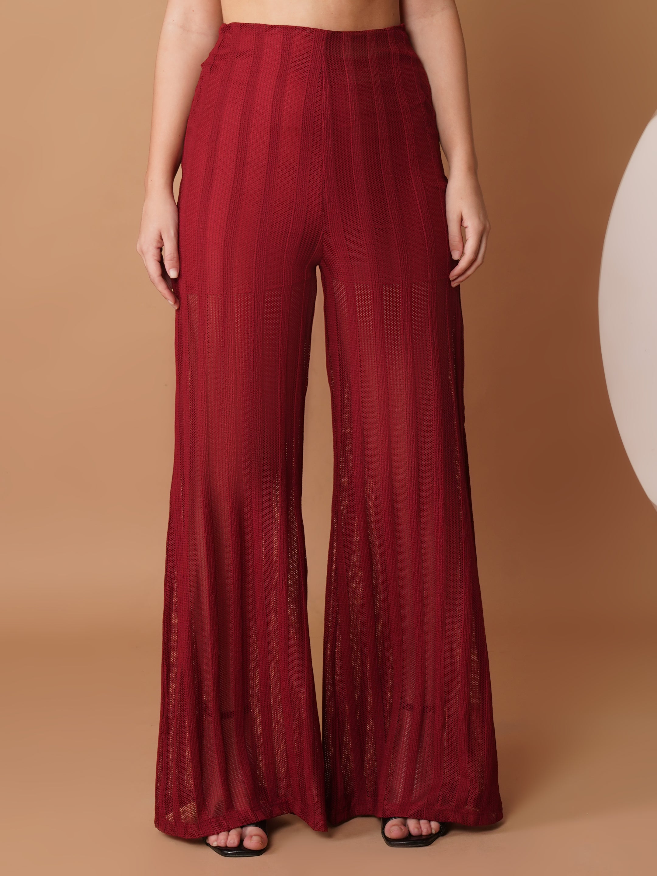 U&F Maroon Sheer Wide-Leg High-Rise Trousers