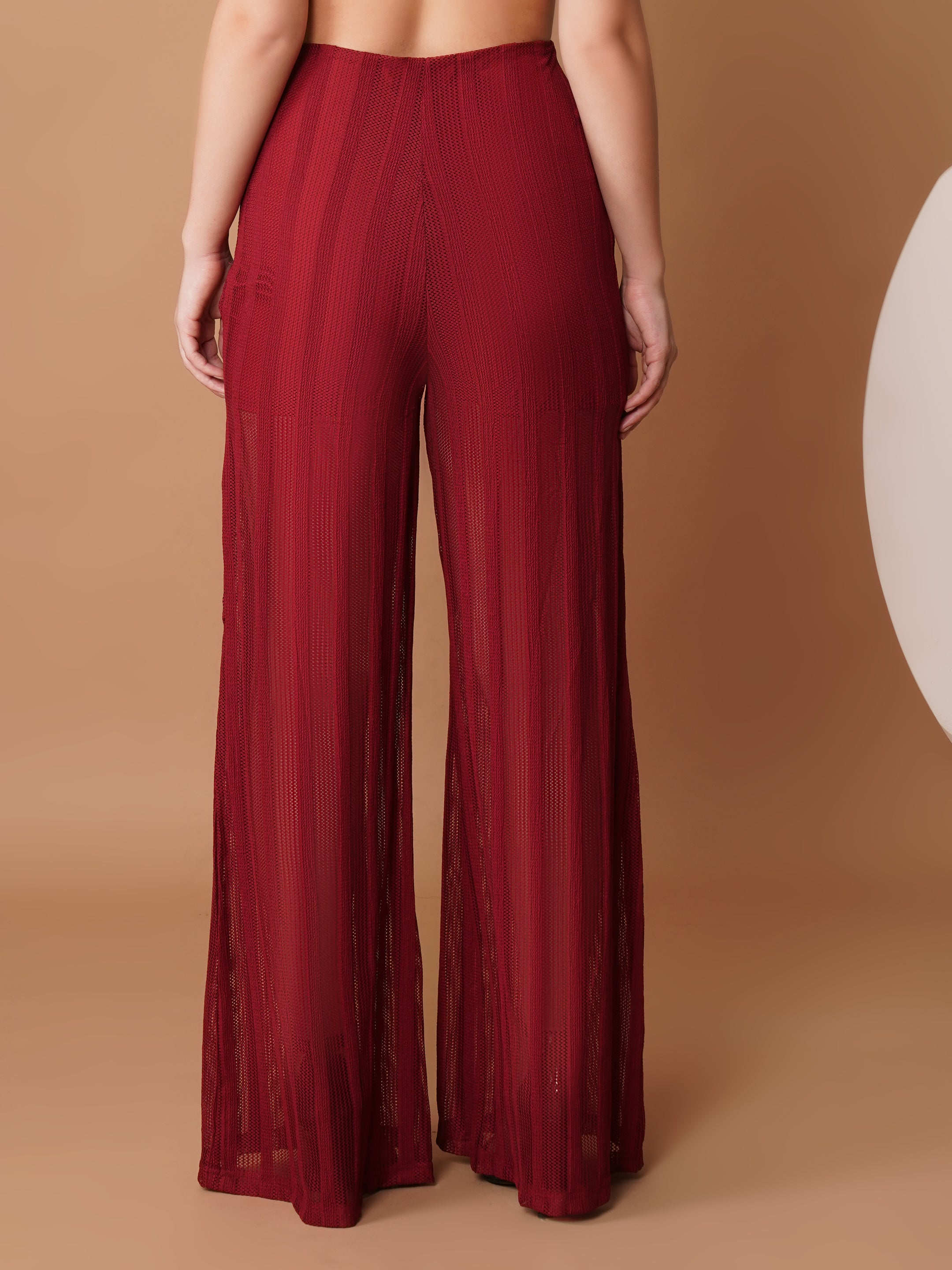 U&F Maroon Sheer Wide-Leg High-Rise Trousers