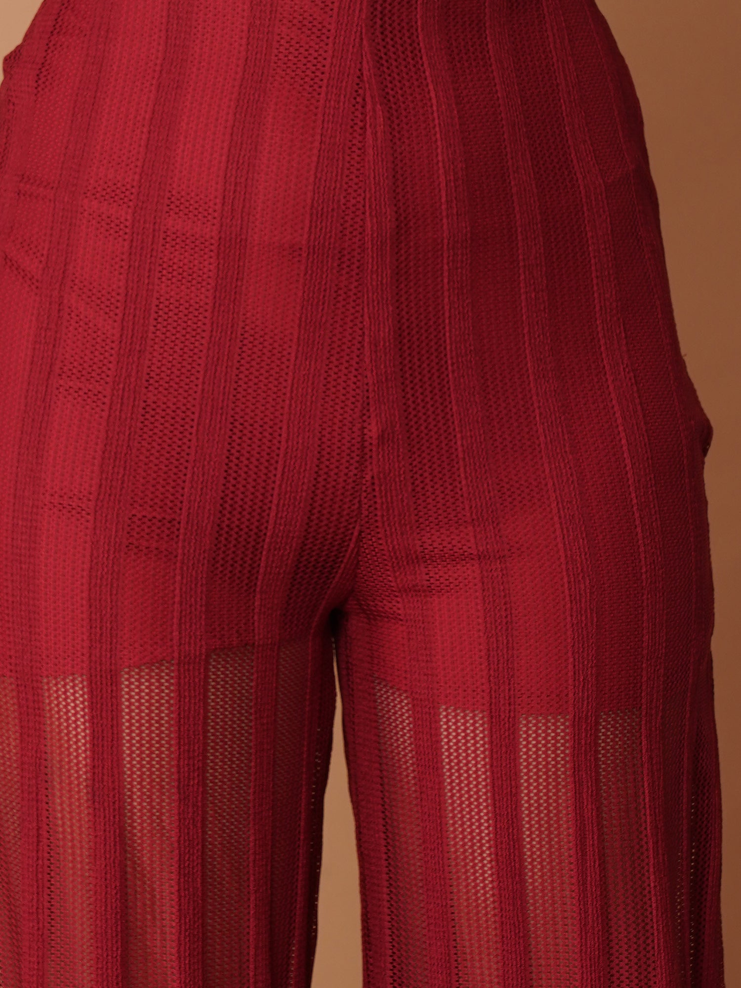 U&F Maroon Sheer Wide-Leg High-Rise Trousers