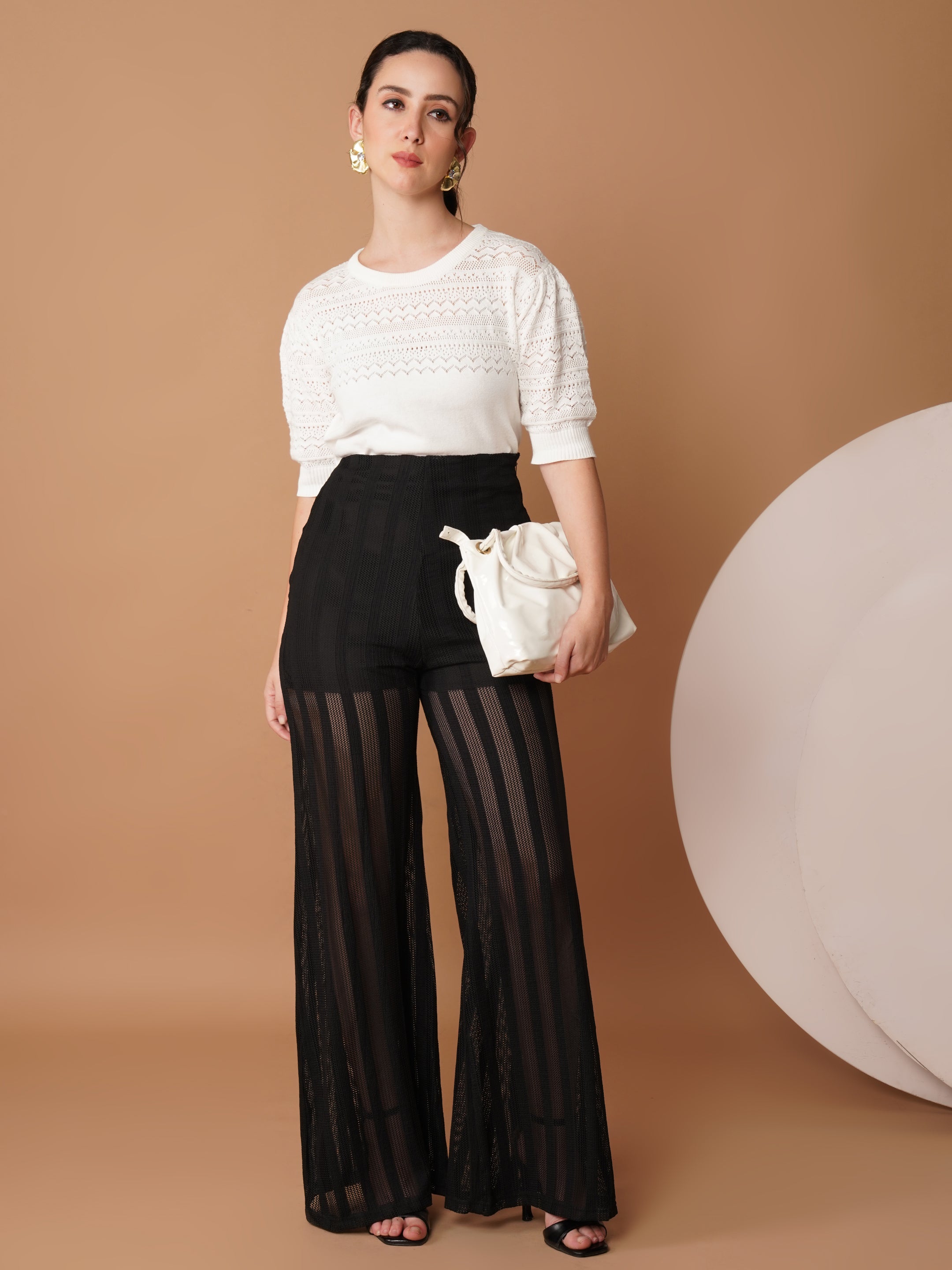 U&F Black Sheer Wide-Leg High-Rise Trousers