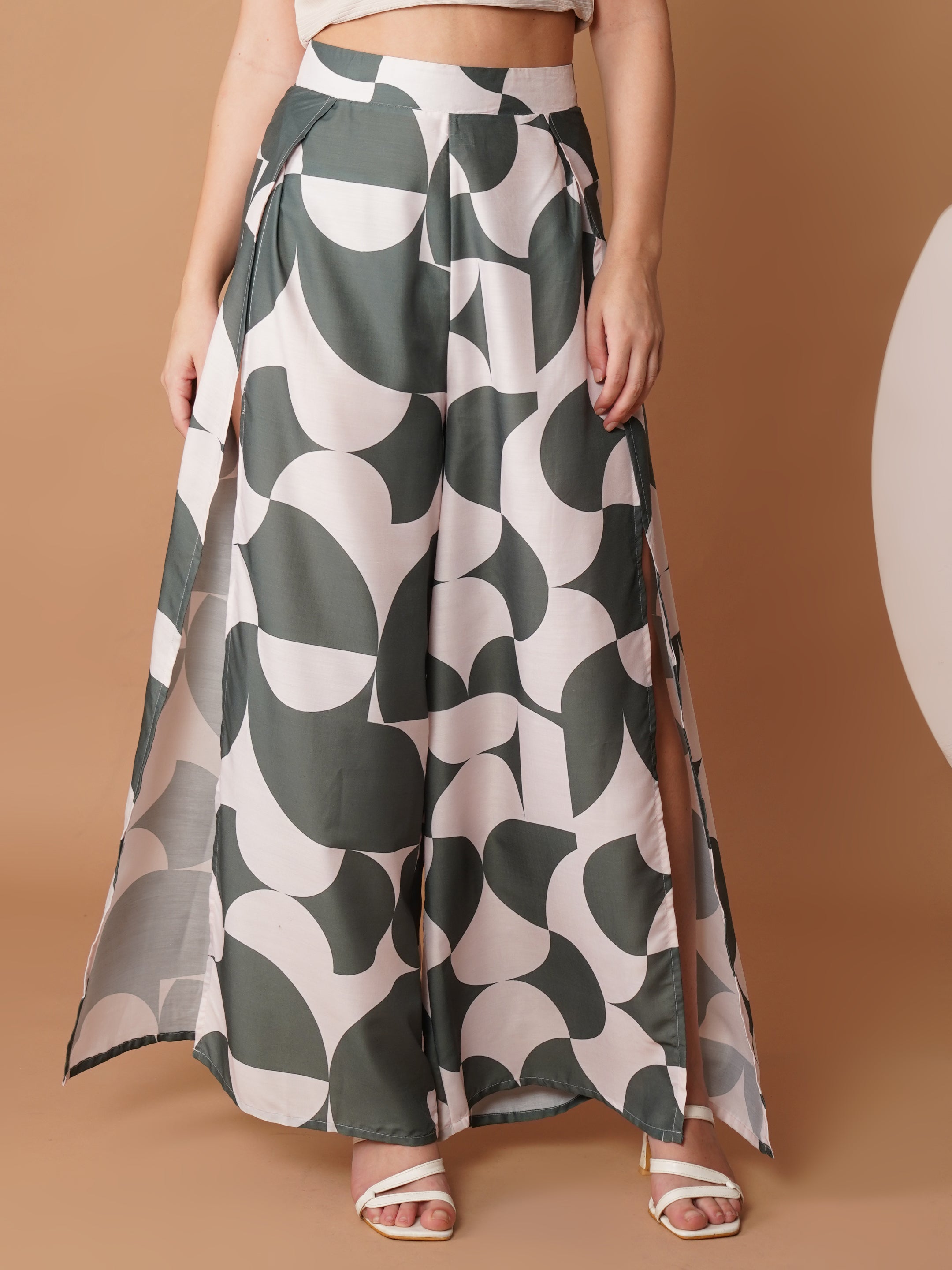 U&F Green & White Abstract Print Slit Palazzo