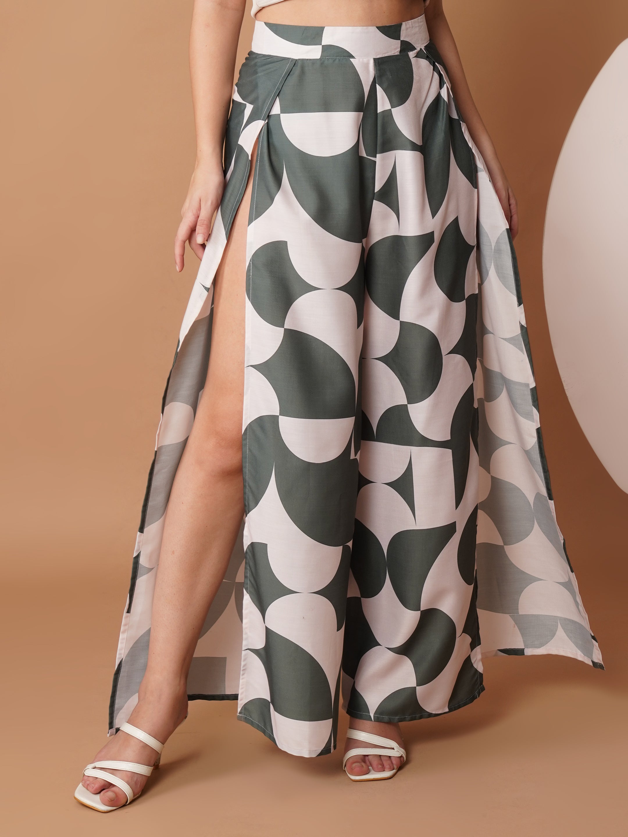 U&F Green & White Abstract Print Slit Palazzo