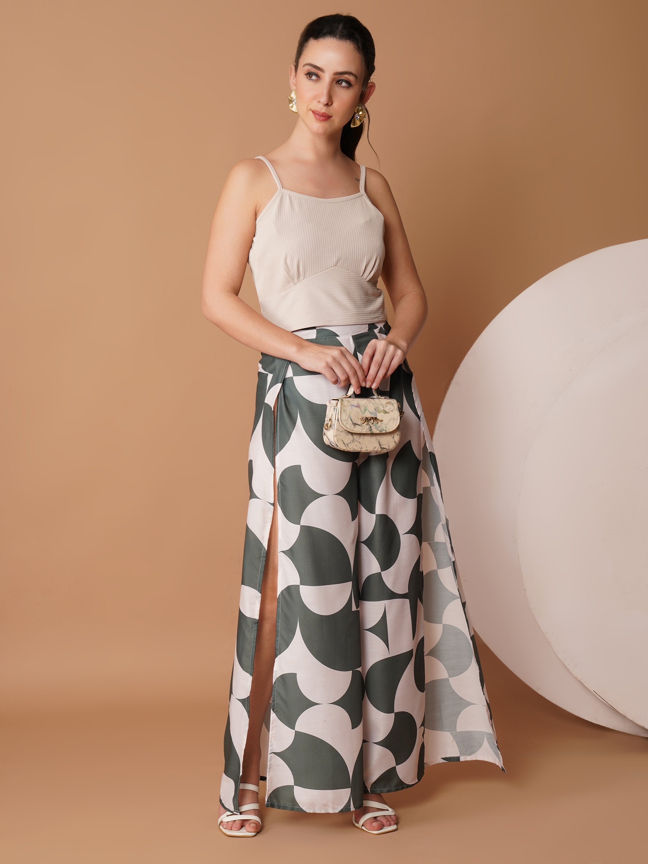 U&F Green & White Abstract Print Slit Palazzo