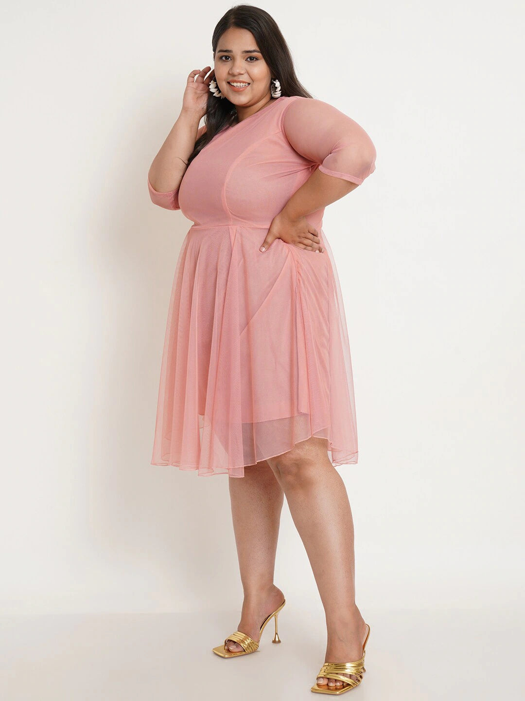 Women Plus Size Round Neck Pink Fit And Flare Dress