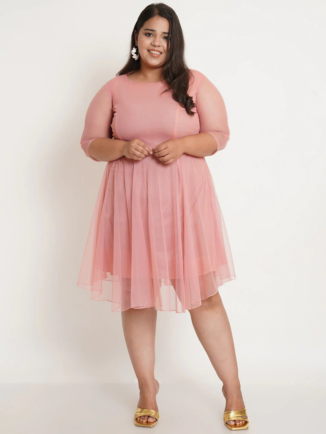 Women Plus Size Round Neck Pink Fit And Flare Dress