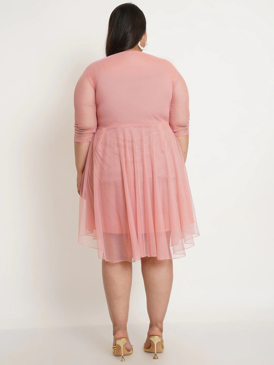 Women Plus Size Round Neck Pink Fit And Flare Dress