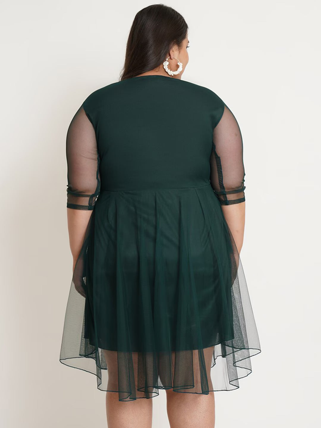 Women Plus Size Round Neck Green Fit And Flare Dress