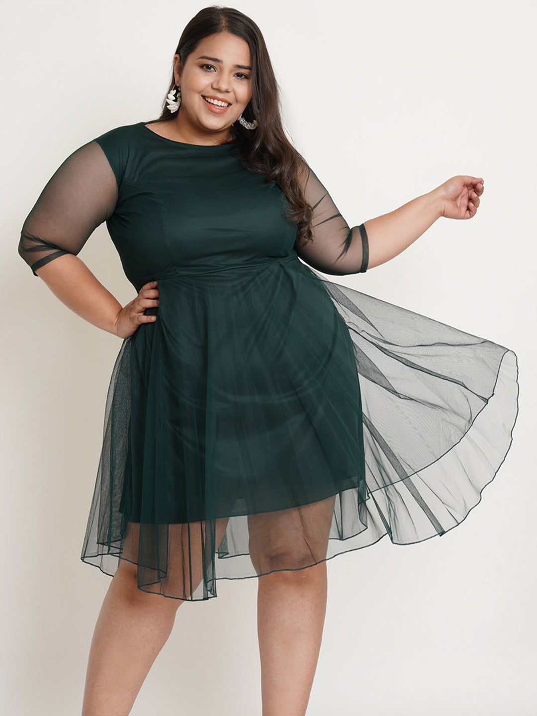 Women Plus Size Round Neck Green Fit And Flare Dress