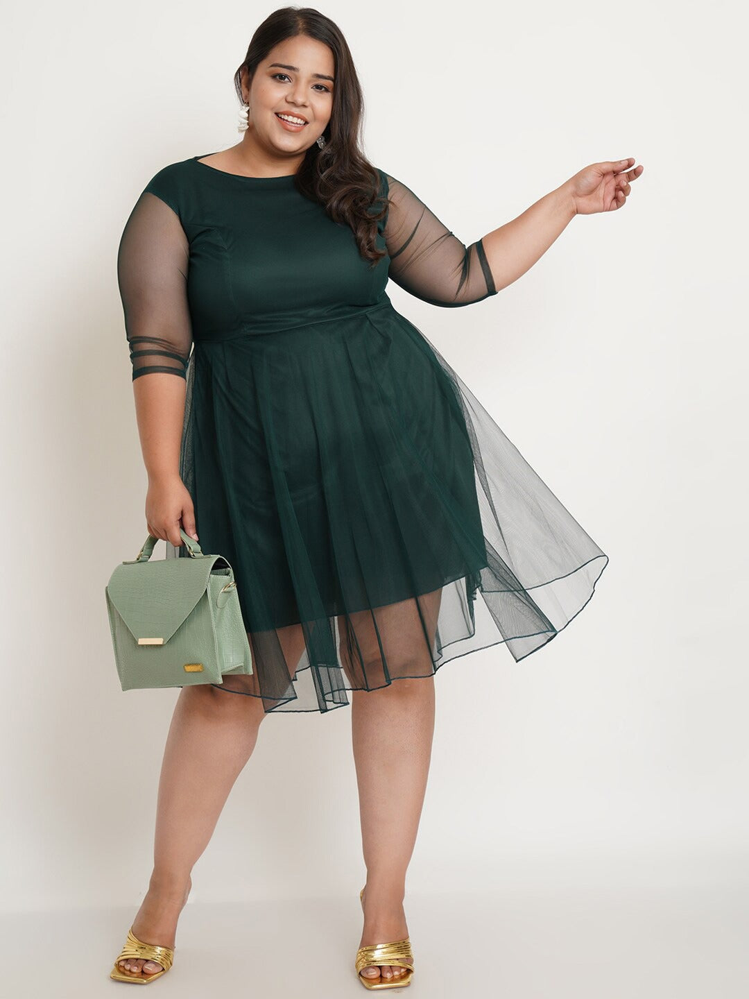 Women Plus Size Round Neck Green Fit And Flare Dress