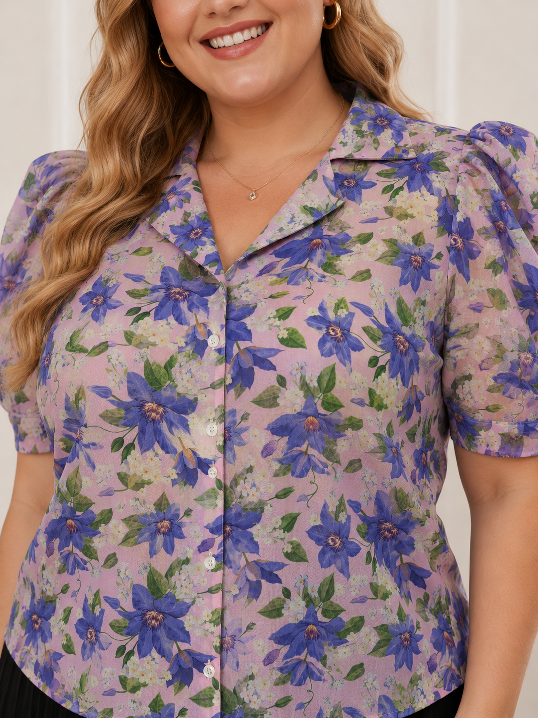 U&F Beyond Purple Floral Printed Shirt & Black Pleated Skirt Plus Size Co-Ord Set