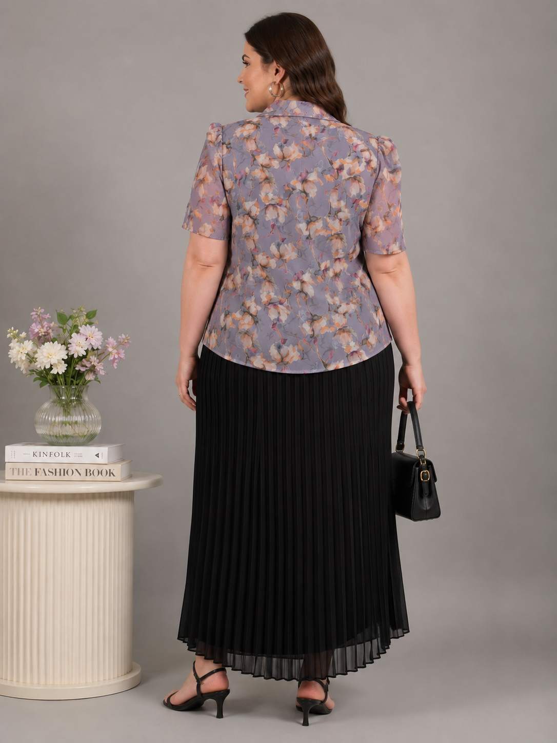 U&F Beyond Grey Floral Printed Shirt & Black Pleated Skirt Plus Size Co-Ord Set