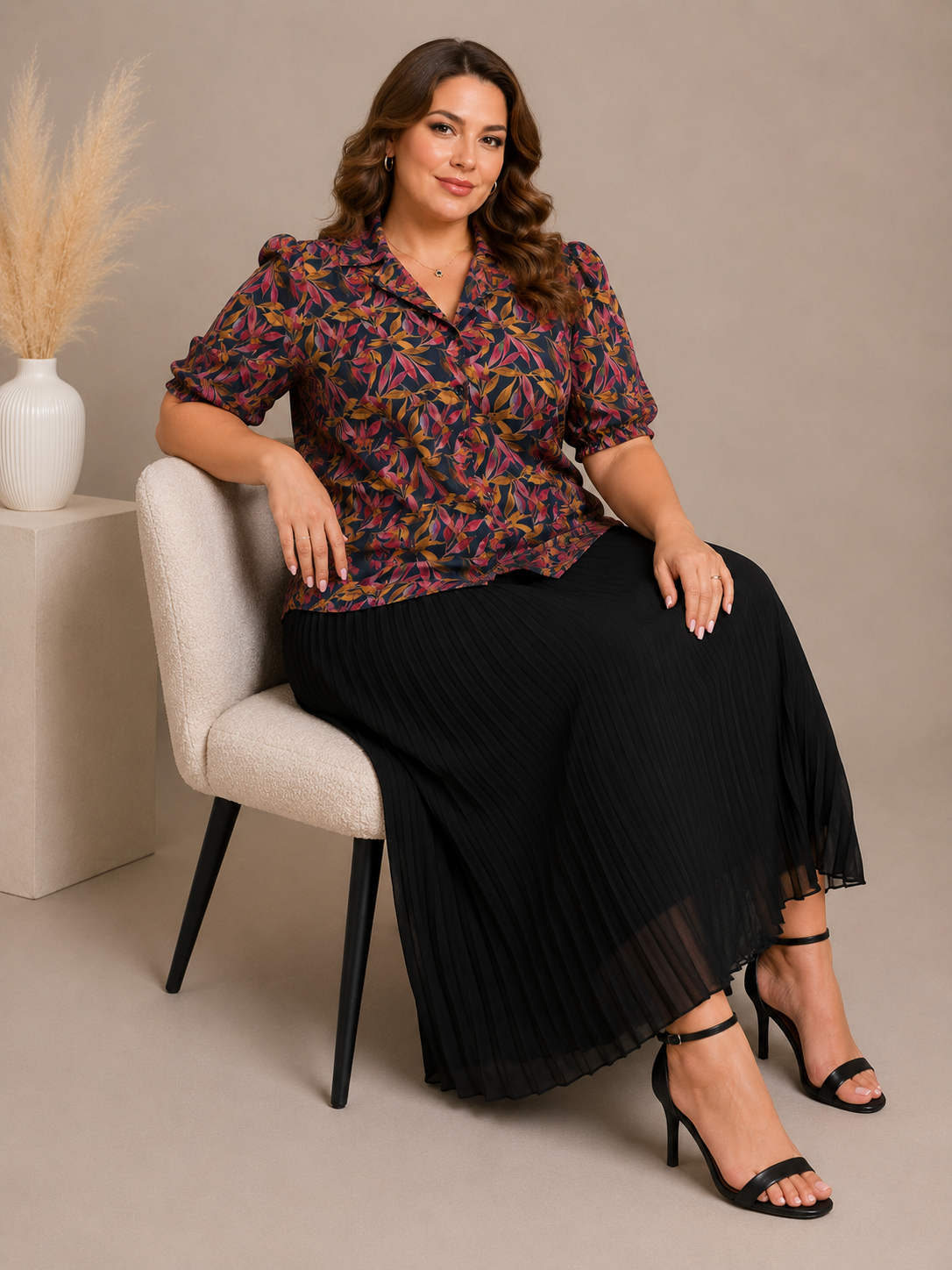 U&F Beyond Multicolour Botanical Printed Shirt with Black Pleated Maxi Skirt Plus Size Co-Ord Set