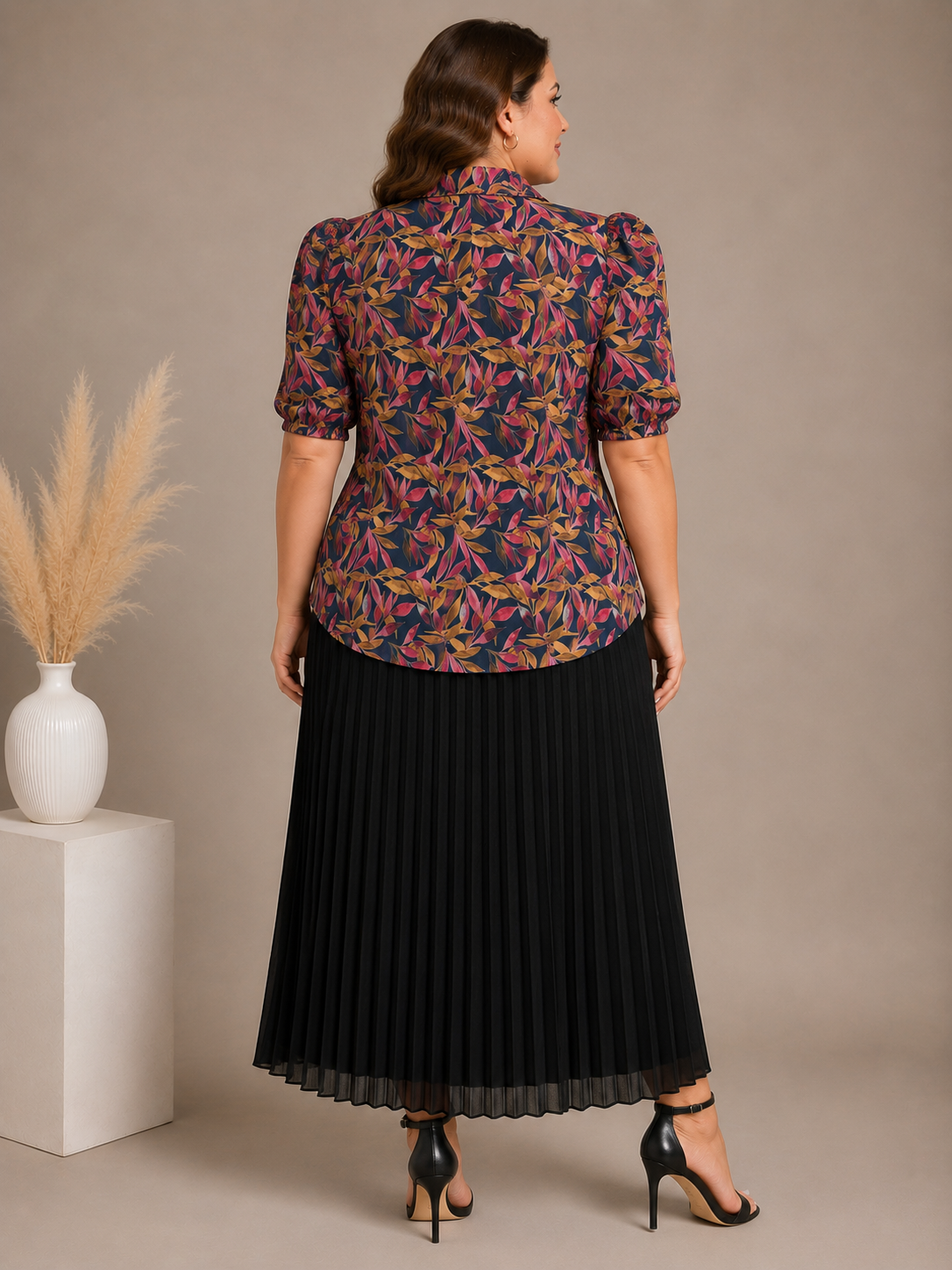 U&F Beyond Multicolour Botanical Printed Shirt with Black Pleated Maxi Skirt Plus Size Co-Ord Set