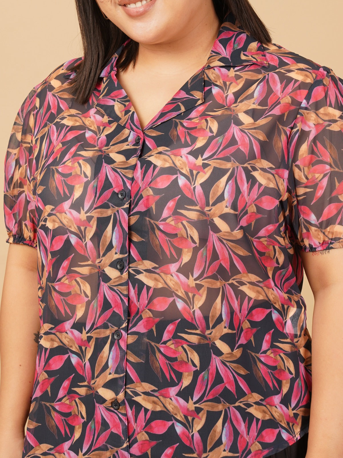 U&F Beyond Multicolour Botanical Printed Georgette Shirt with Black Pleated Maxi Skirt Plus Size Co-Ord Set