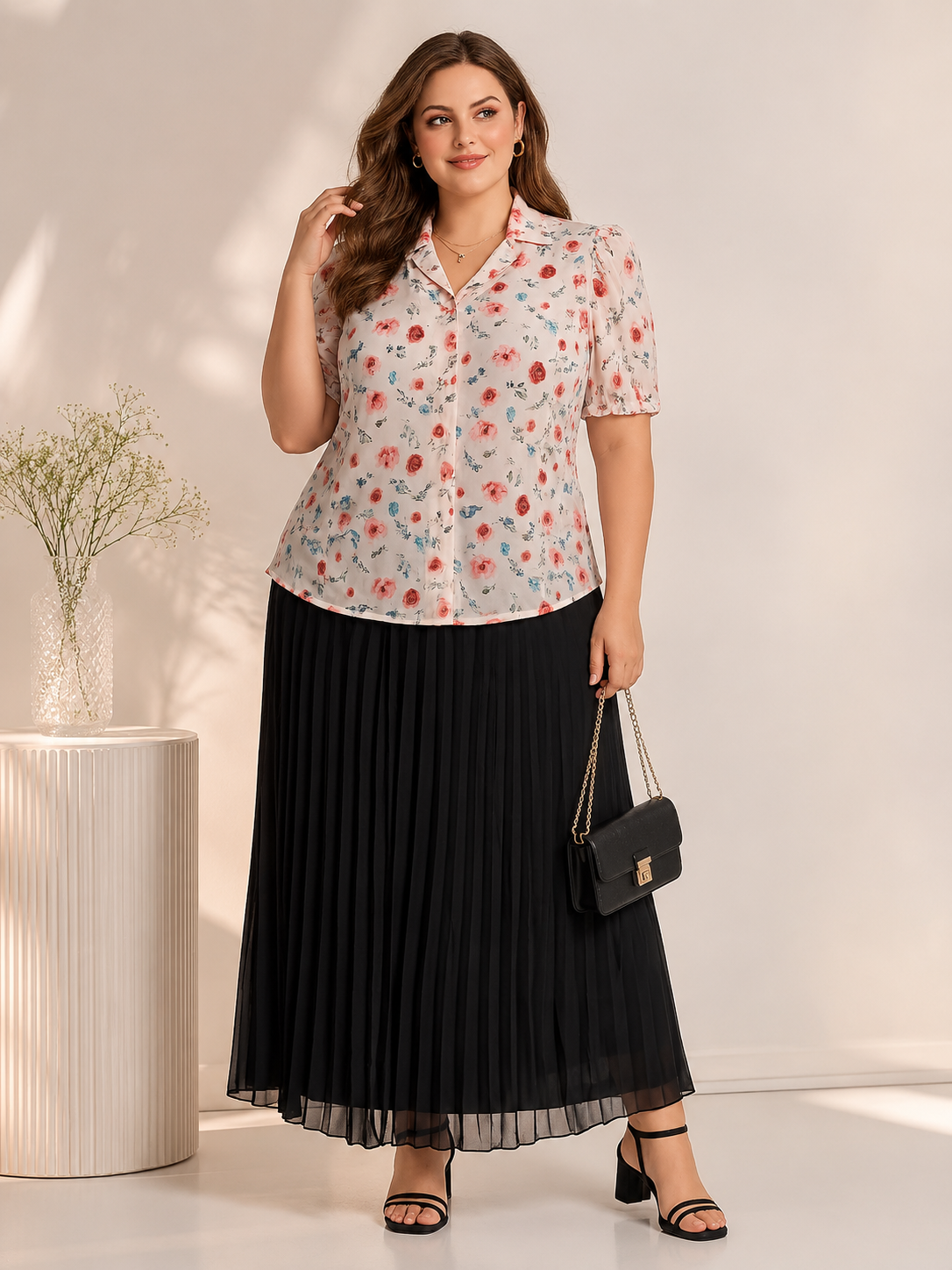 U&F Beyond Cream Floral Printed Shirt with Black Pleated Maxi Skirt Plus Size Co-Ord Set