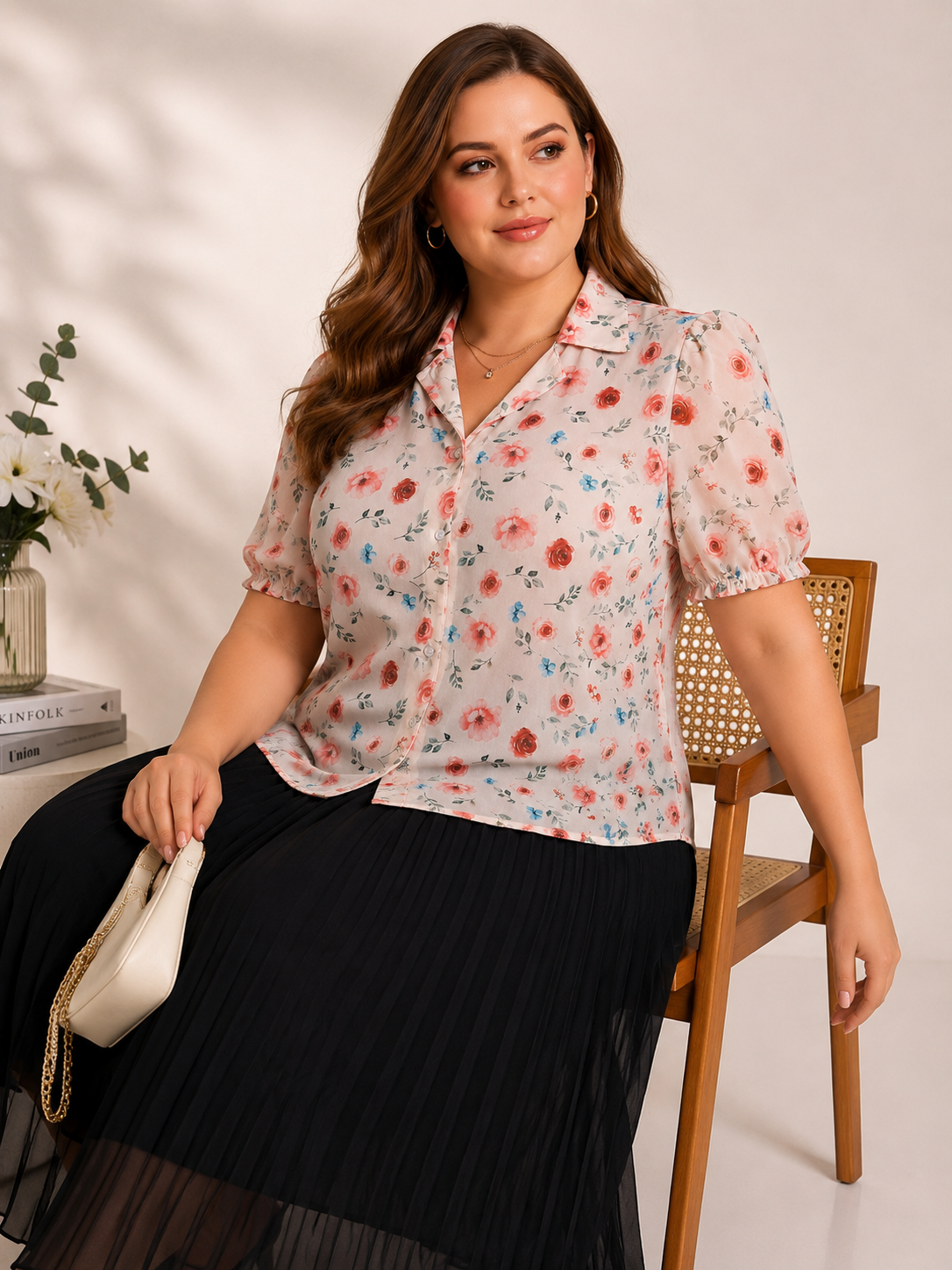 U&F Beyond Cream Floral Printed Shirt with Black Pleated Maxi Skirt Plus Size Co-Ord Set