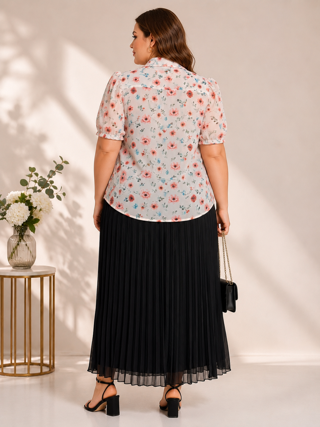 U&F Beyond Cream Floral Printed Shirt with Black Pleated Maxi Skirt Plus Size Co-Ord Set