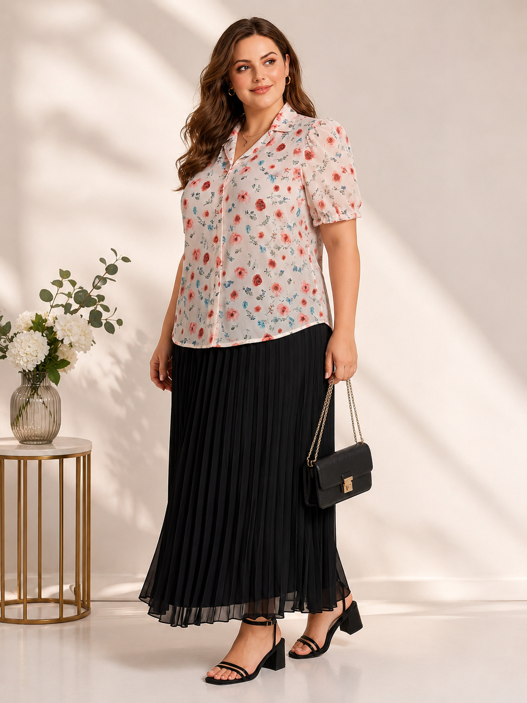 U&F Beyond Cream Floral Printed Shirt with Black Pleated Maxi Skirt Plus Size Co-Ord Set