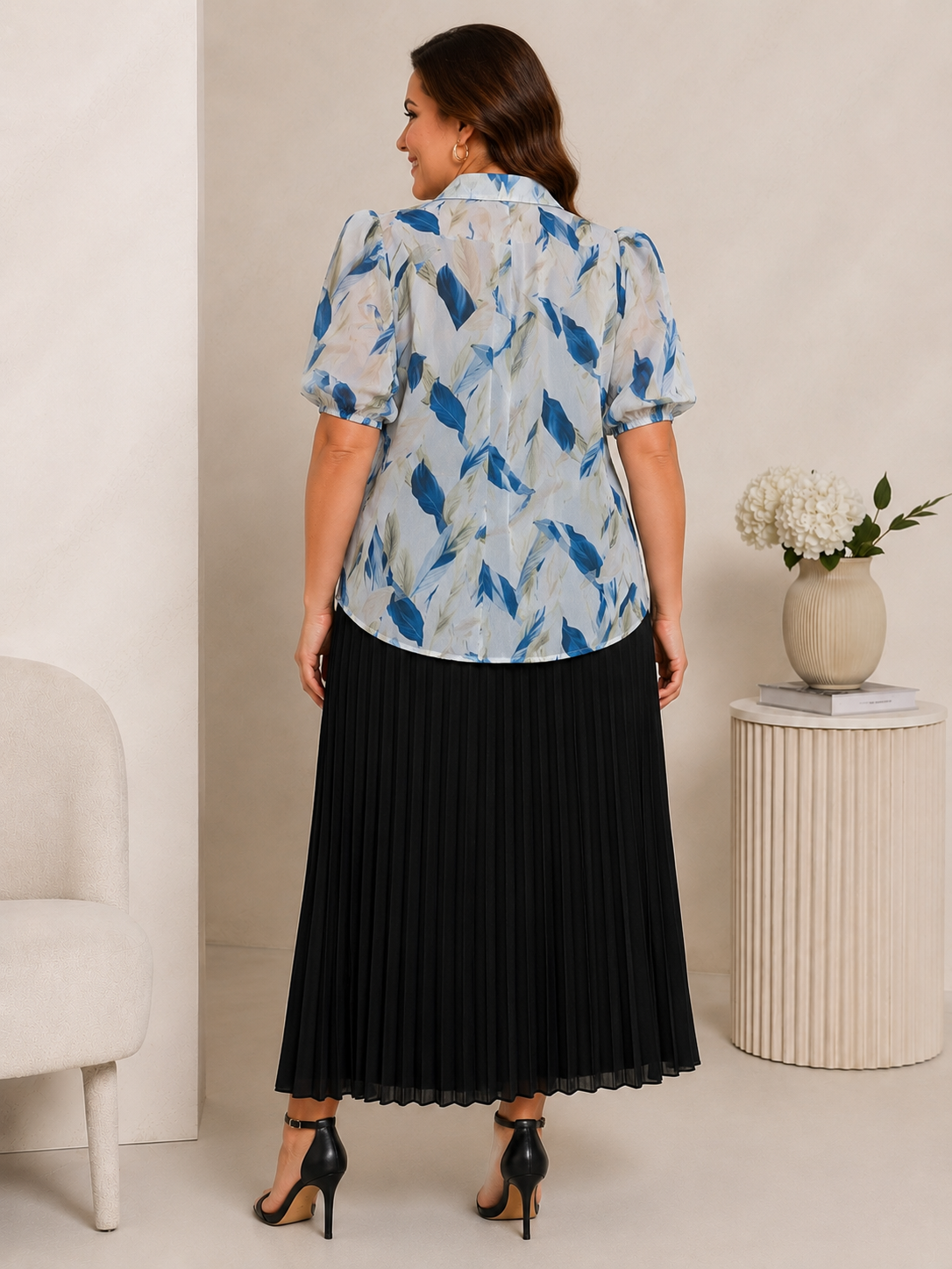 U&F Beyond Blue Leaf Printed Shirt with Black Pleated Maxi Skirt Plus Size Co-Ord Set