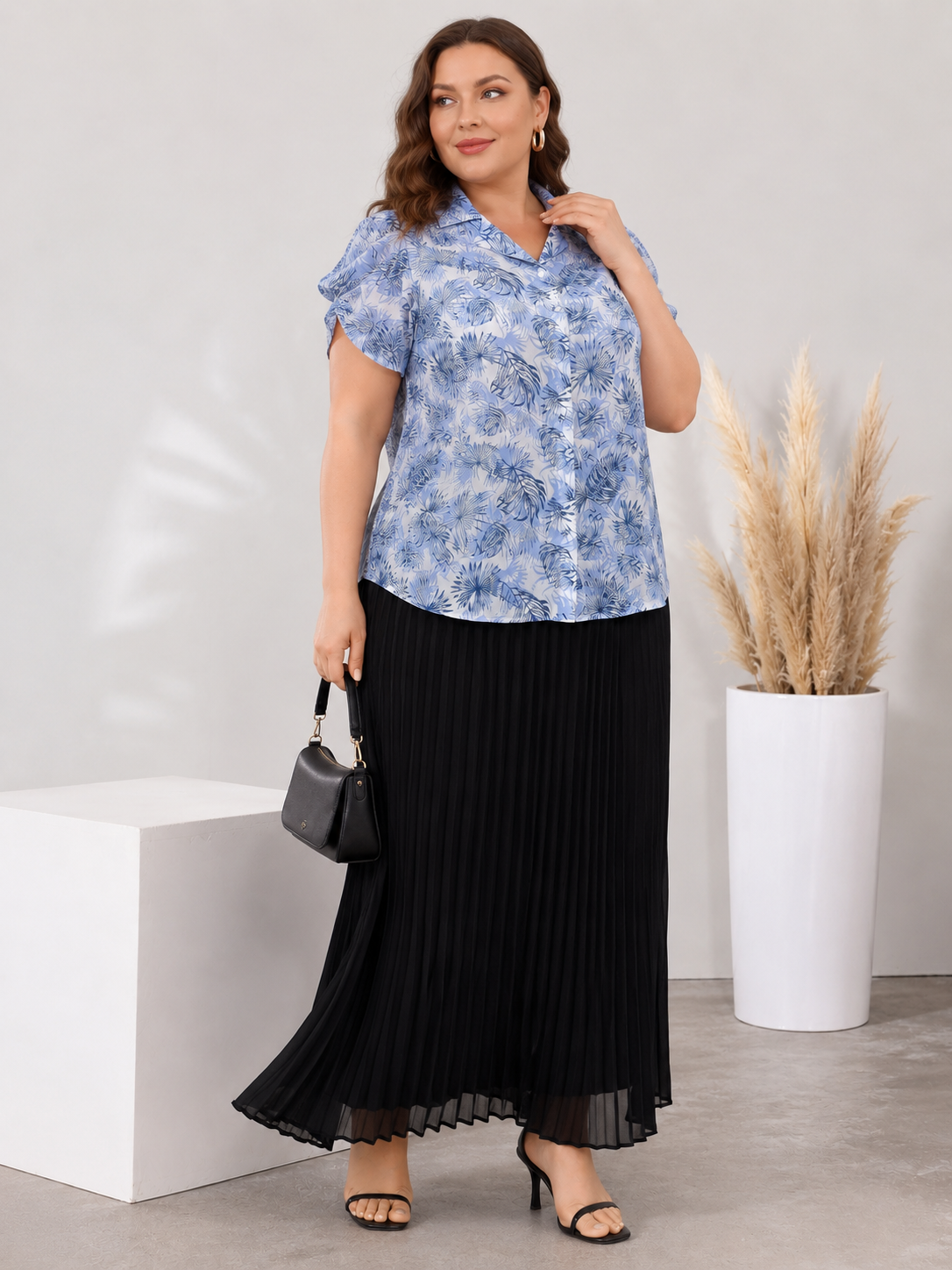 U&F Beyond Blue Tropical Printed Shirt with Black Pleated Maxi Skirt Plus Size Co-Ord Set