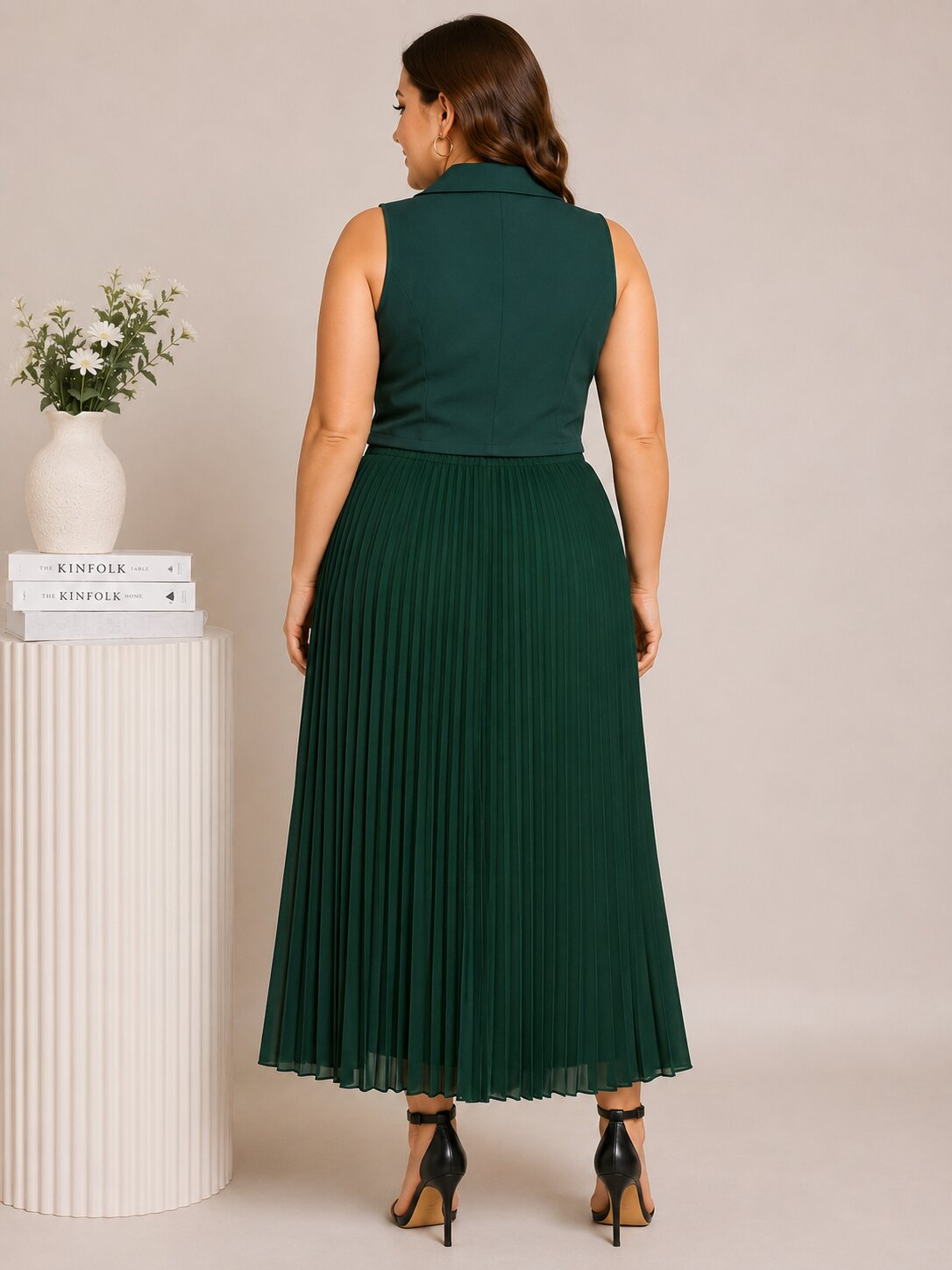 U&F Beyond Dark Green Sleeveless Crop Top with Pleated Maxi Skirt Plus Size Co-Ord Set