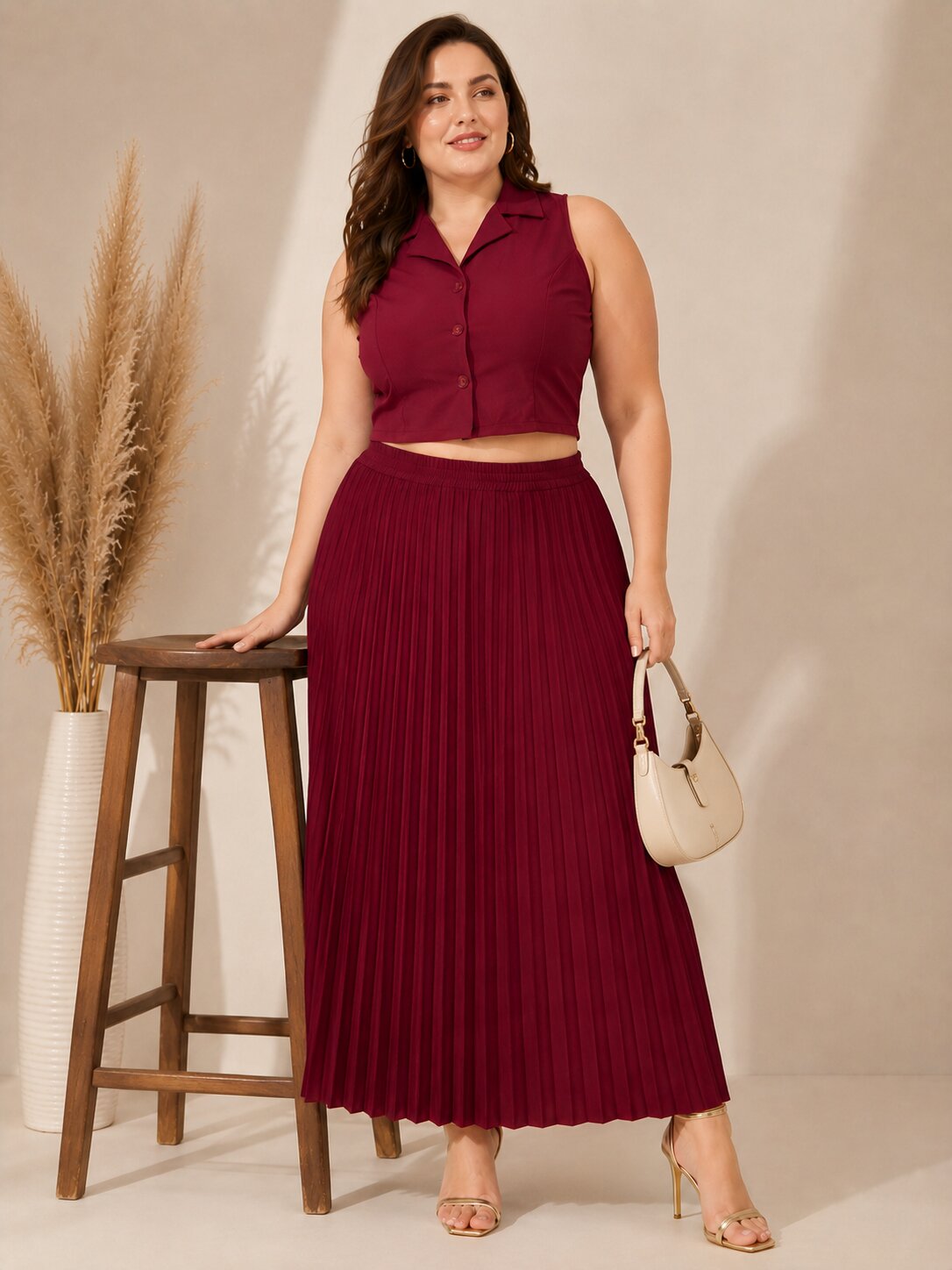 U&F Beyond Maroon Sleeveless Crop Top with Pleated Maxi Skirt Plus Size Co-Ord Set