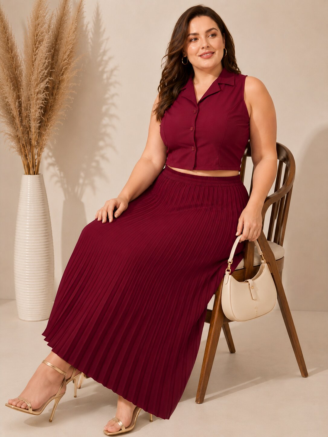 U&F Beyond Maroon Sleeveless Crop Top with Pleated Maxi Skirt Plus Size Co-Ord Set