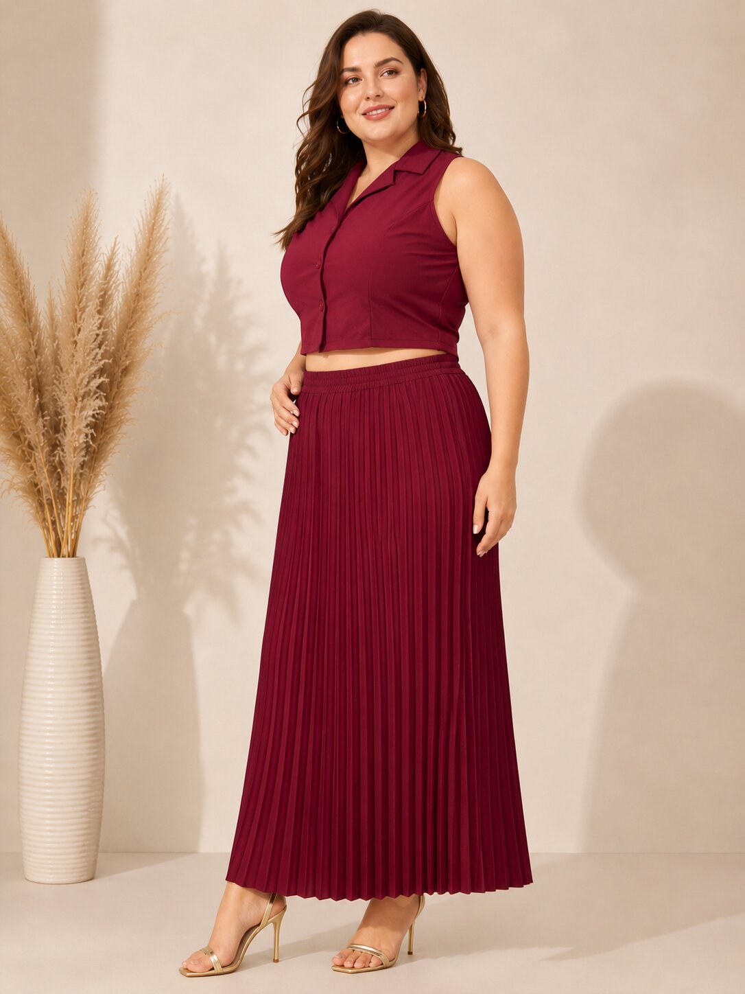 U&F Beyond Maroon Sleeveless Crop Top with Pleated Maxi Skirt Plus Size Co-Ord Set