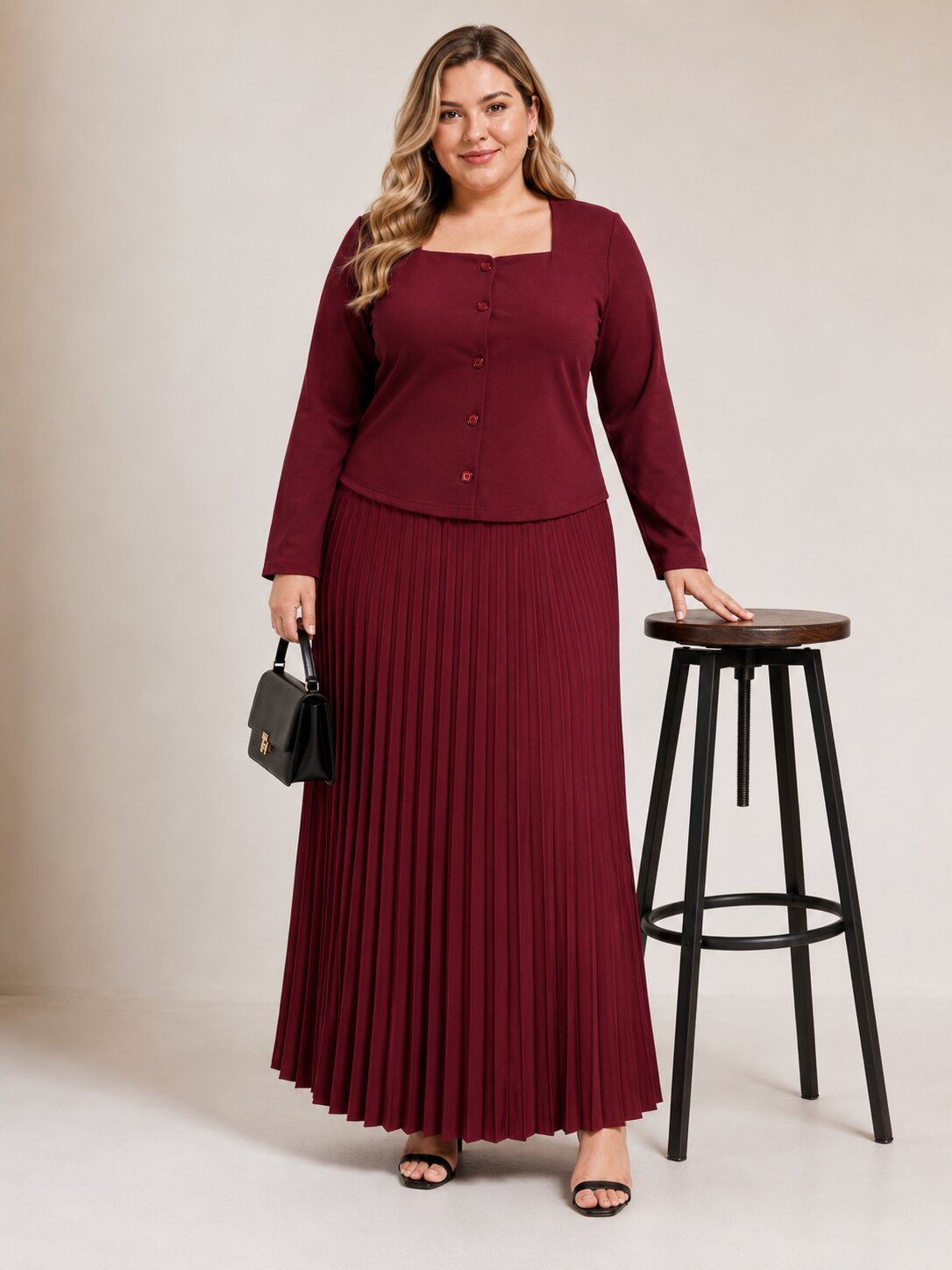 U&F Beyond Plus Size Maroon Pleated Elegance Co-ord Set