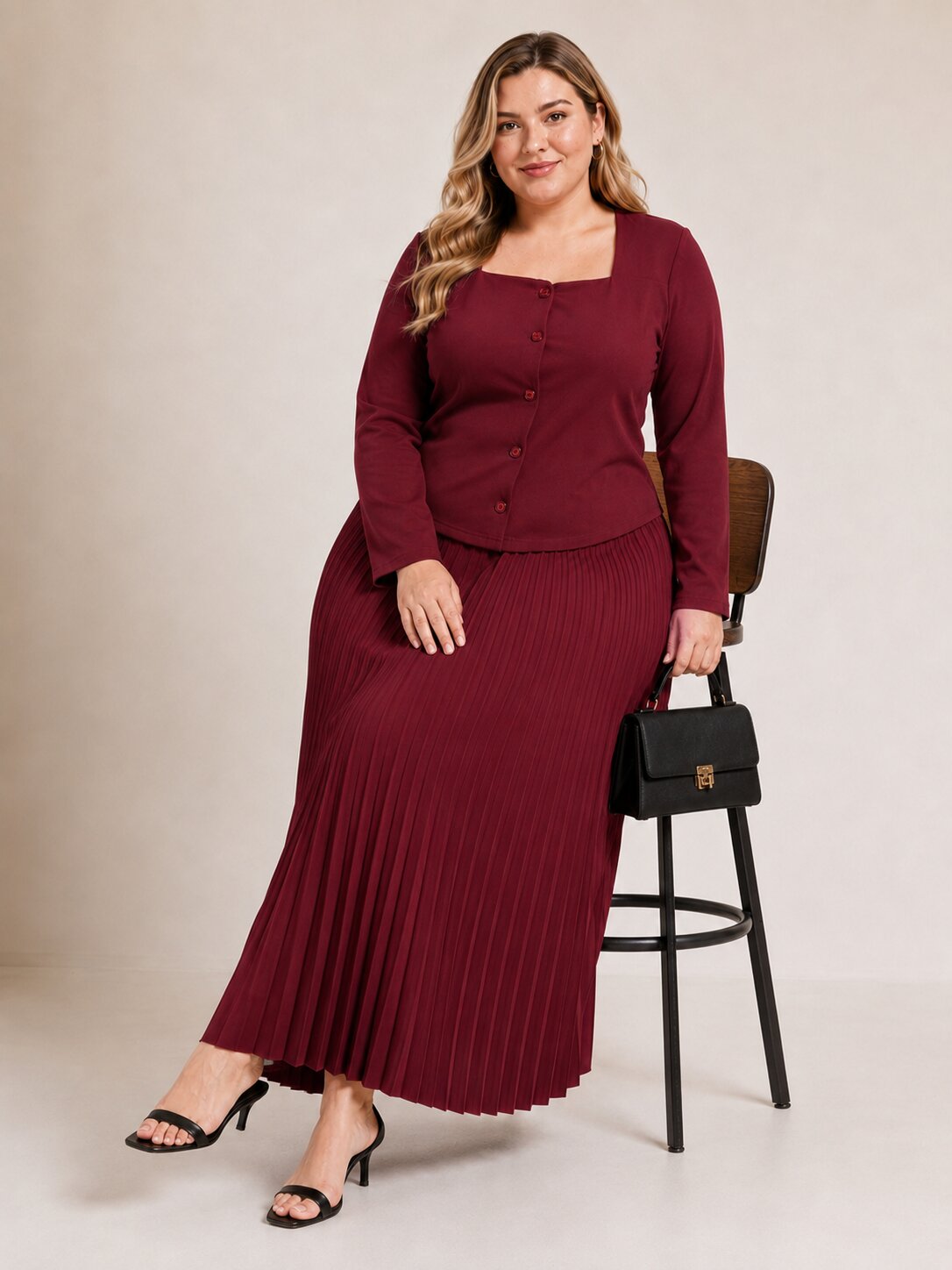 U&F Beyond Plus Size Maroon Pleated Elegance Co-ord Set