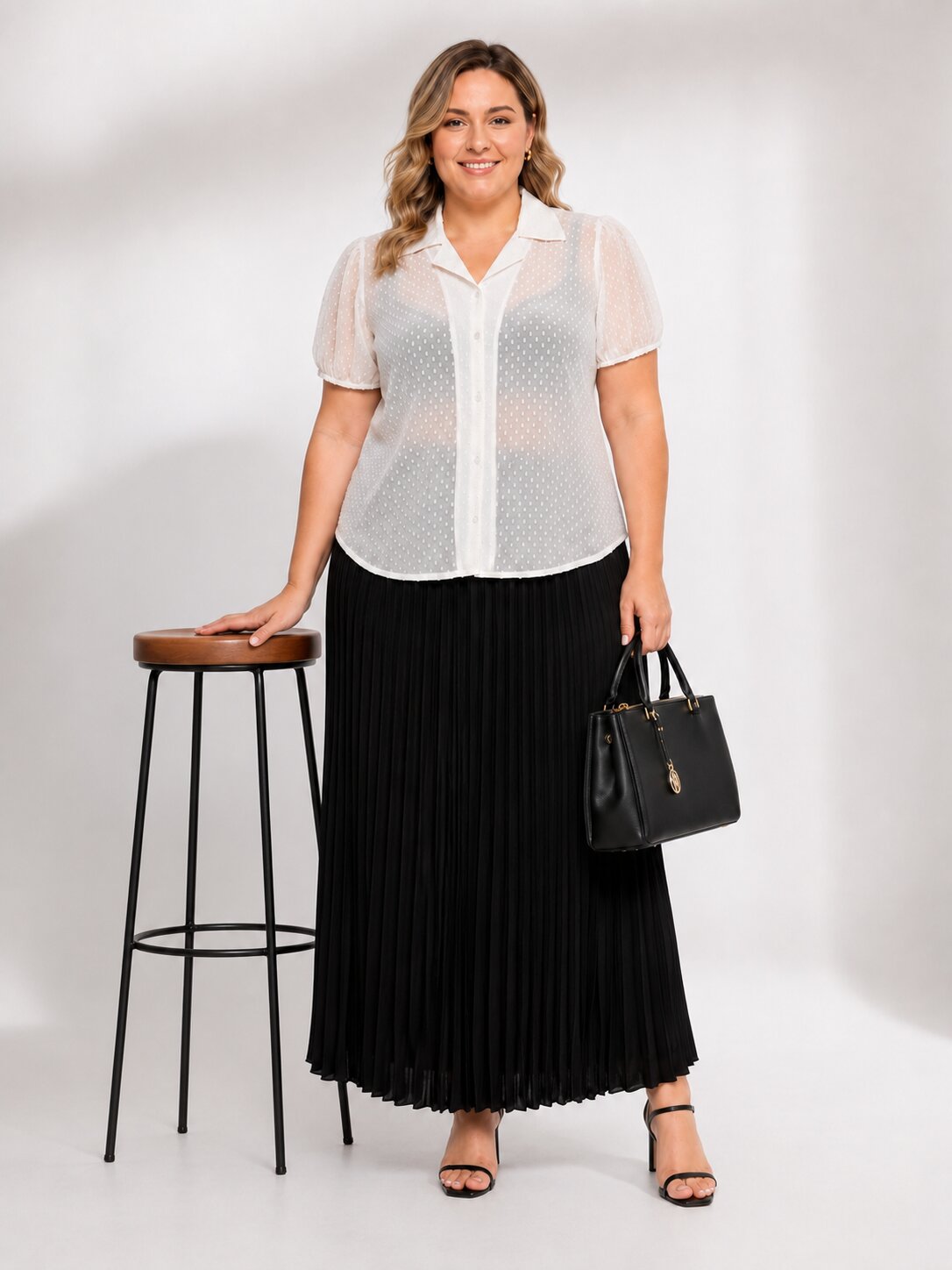 U&F Beyond Plus Size White Swiss Dot Sheer Shirt Top with Pleated Maxi Skirt Co-Ord Set