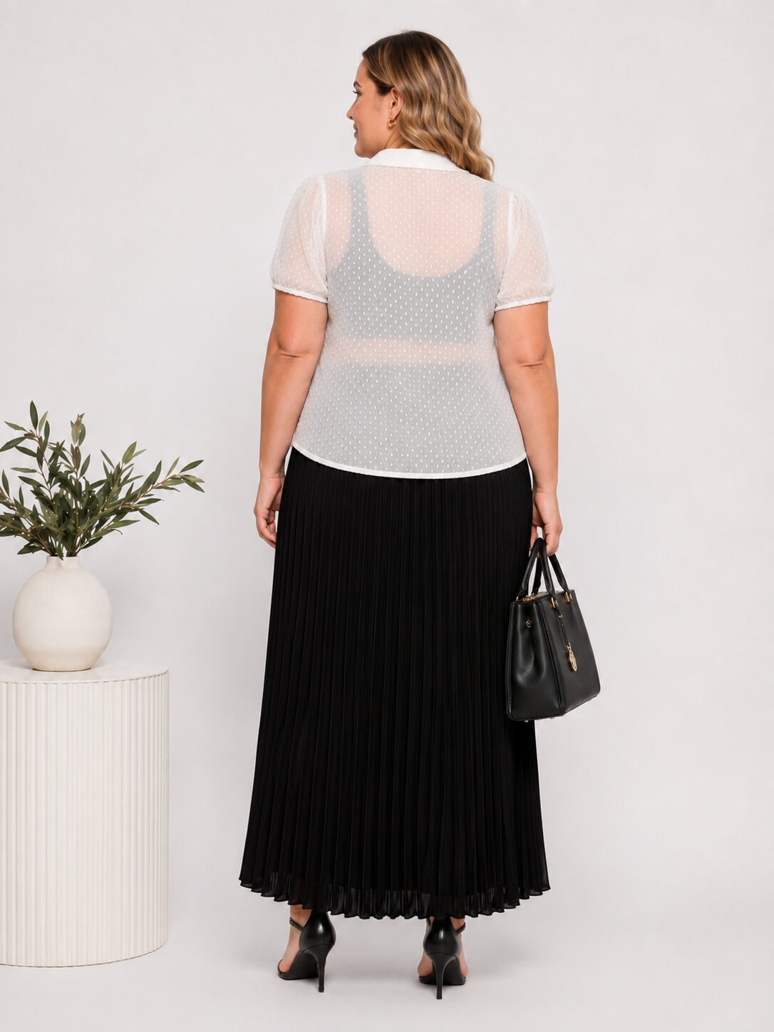 U&F Beyond Plus Size White Swiss Dot Sheer Shirt Top with Pleated Maxi Skirt Co-Ord Set