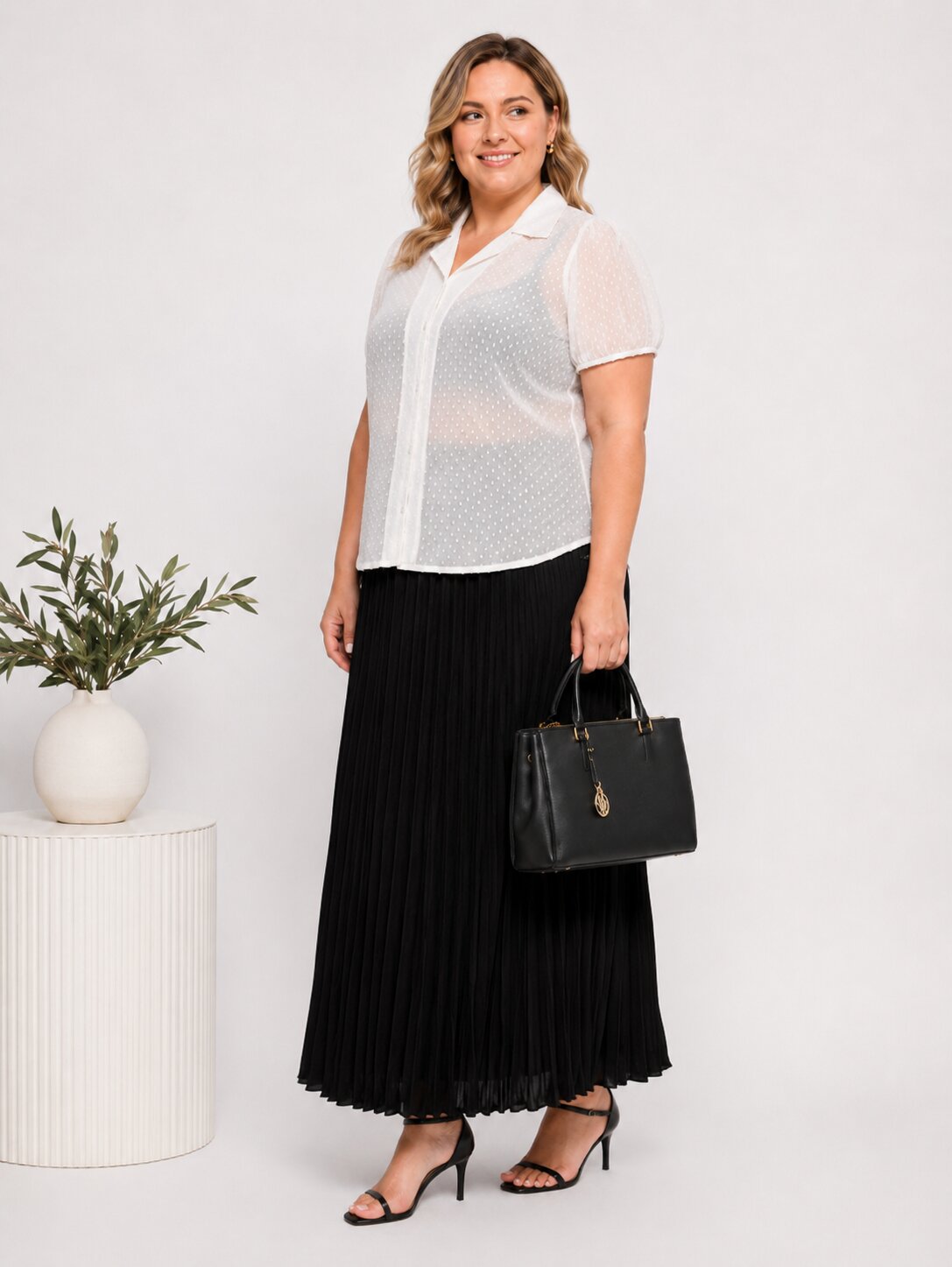 U&F Beyond Plus Size White Swiss Dot Sheer Shirt Top with Pleated Maxi Skirt Co-Ord Set