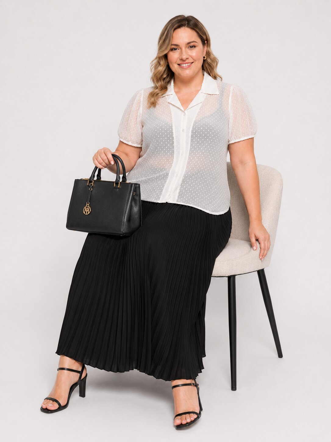 U&F Beyond Plus Size White Swiss Dot Sheer Shirt Top with Pleated Maxi Skirt Co-Ord Set