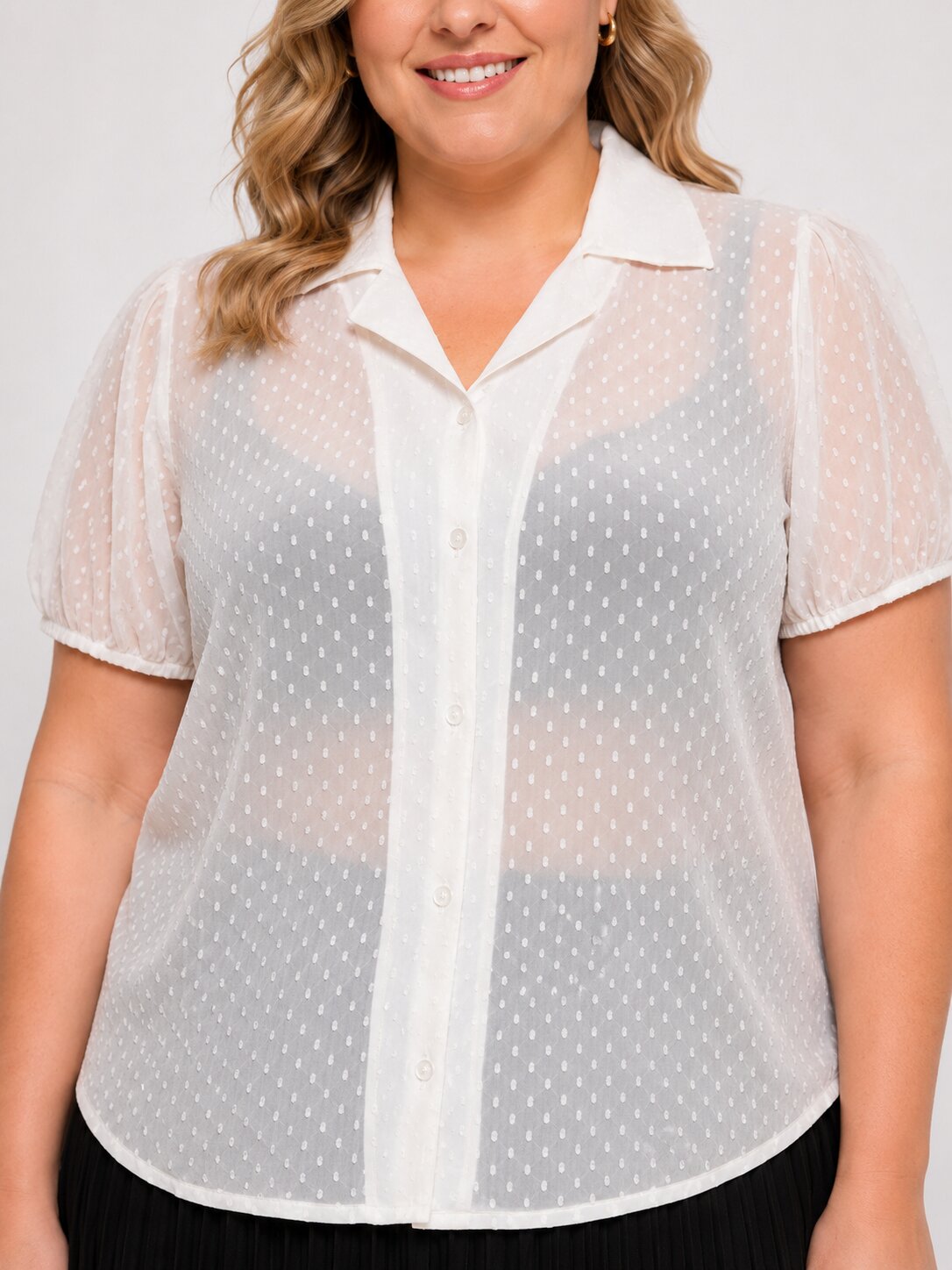 U&F Beyond Plus Size White Swiss Dot Sheer Shirt Top with Pleated Maxi Skirt Co-Ord Set