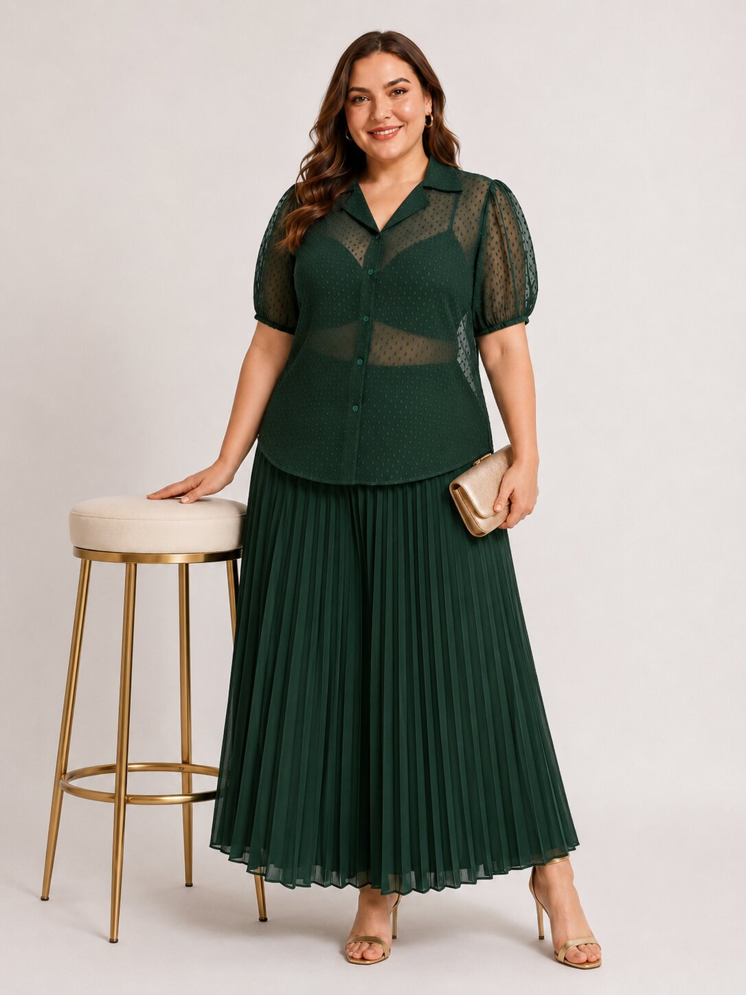 U&F Beyond Plus Size Emerald Green Swiss Dot Sheer Shirt Top with Pleated Maxi Skirt Co-Ord Set