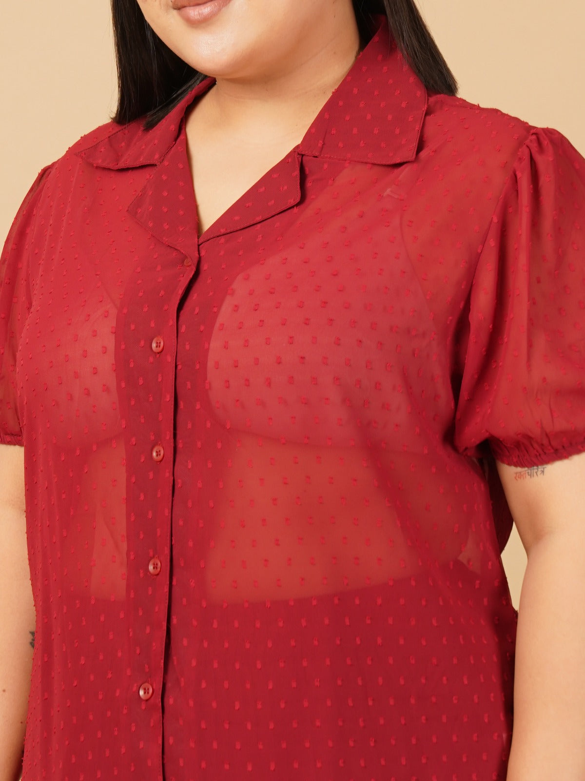 U&F Beyond Plus Size Maroon Swiss Dot Sheer Shirt Top with Pleated Maxi Skirt Co-Ord Set