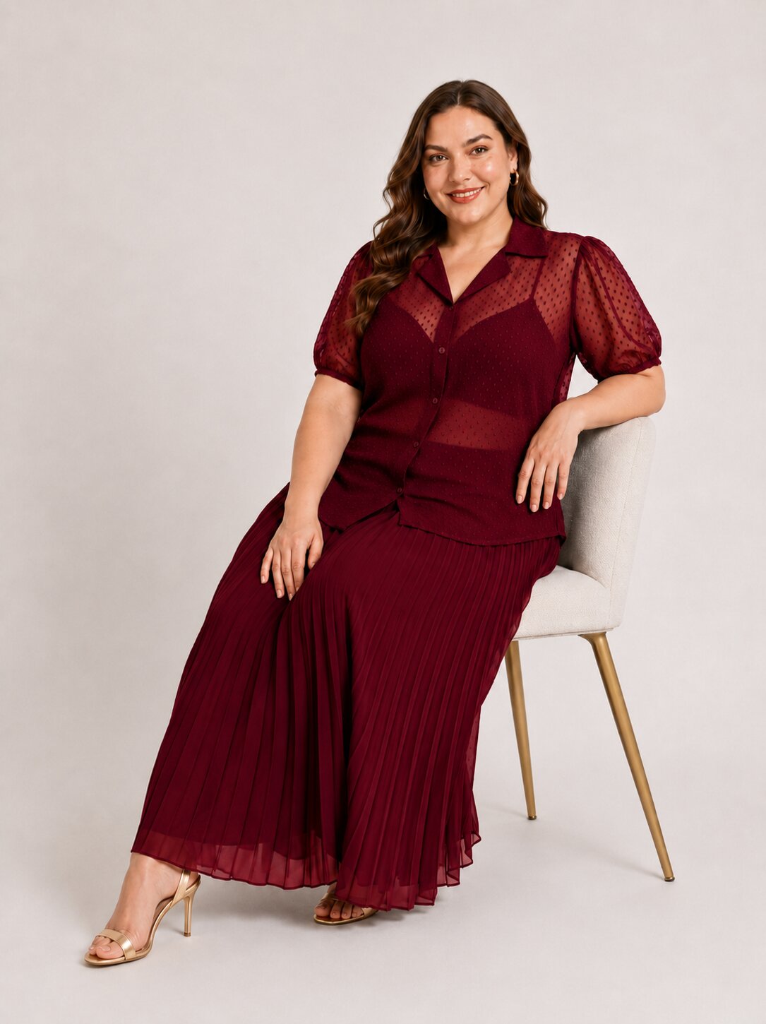 U&F Beyond Plus Size Maroon Swiss Dot Sheer Shirt Top with Pleated Maxi Skirt Co-Ord Set