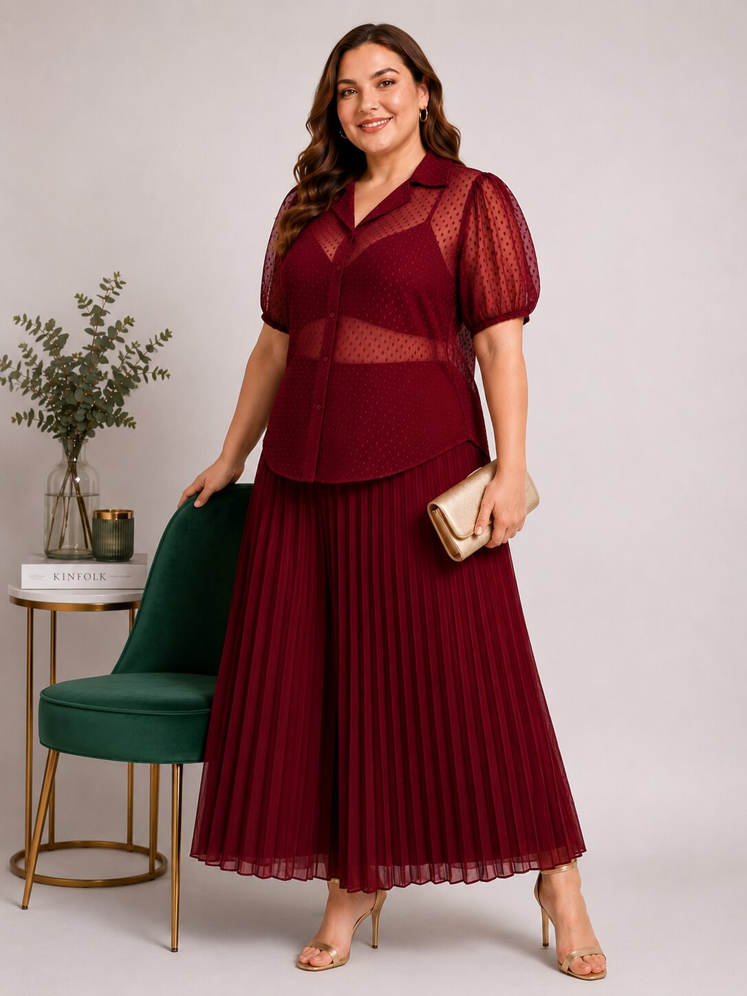 U&F Beyond Plus Size Maroon Swiss Dot Sheer Shirt Top with Pleated Maxi Skirt Co-Ord Set