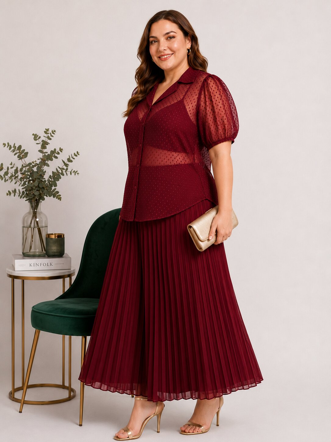 U&F Beyond Plus Size Maroon Swiss Dot Sheer Shirt Top with Pleated Maxi Skirt Co-Ord Set