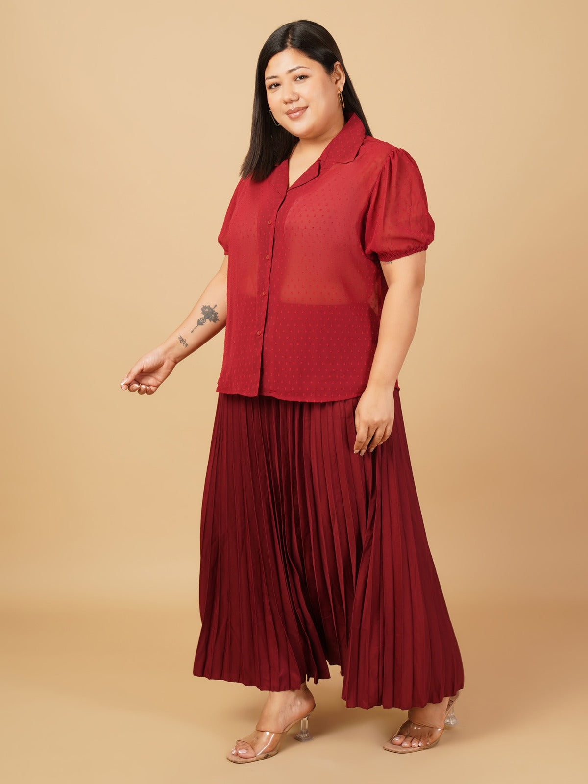 U&F Beyond Plus Size Maroon Swiss Dot Sheer Shirt Top with Pleated Maxi Skirt Co-Ord Set
