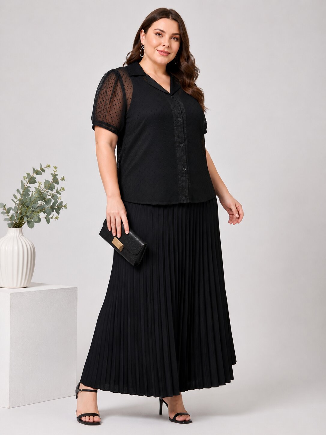 U&F Beyond Plus Size Black Swiss Dot Sheer Shirt Top with Pleated Maxi Skirt Co-Ord Set