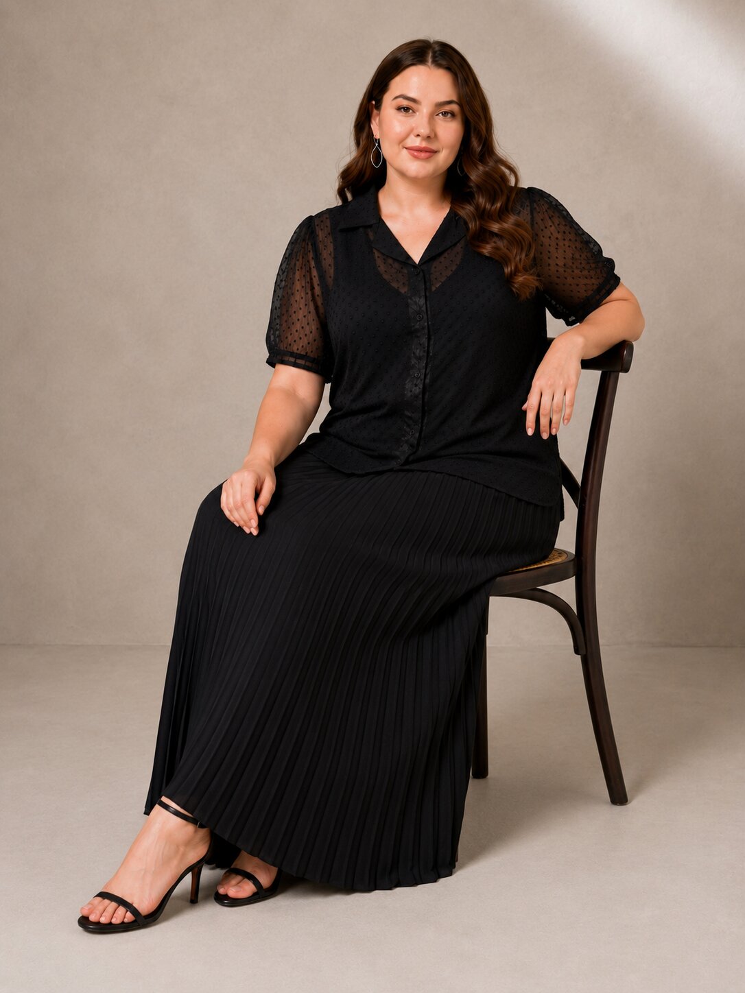 U&F Beyond Plus Size Black Swiss Dot Sheer Shirt Top with Pleated Maxi Skirt Co-Ord Set
