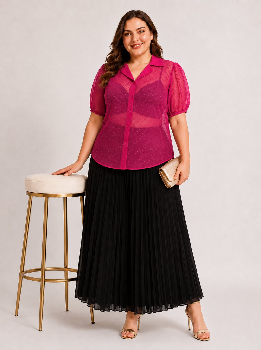 U&F Beyond Plus Size Magenta Swiss Dot Sheer Shirt Top with Pleated Maxi Skirt Co-Ord Set