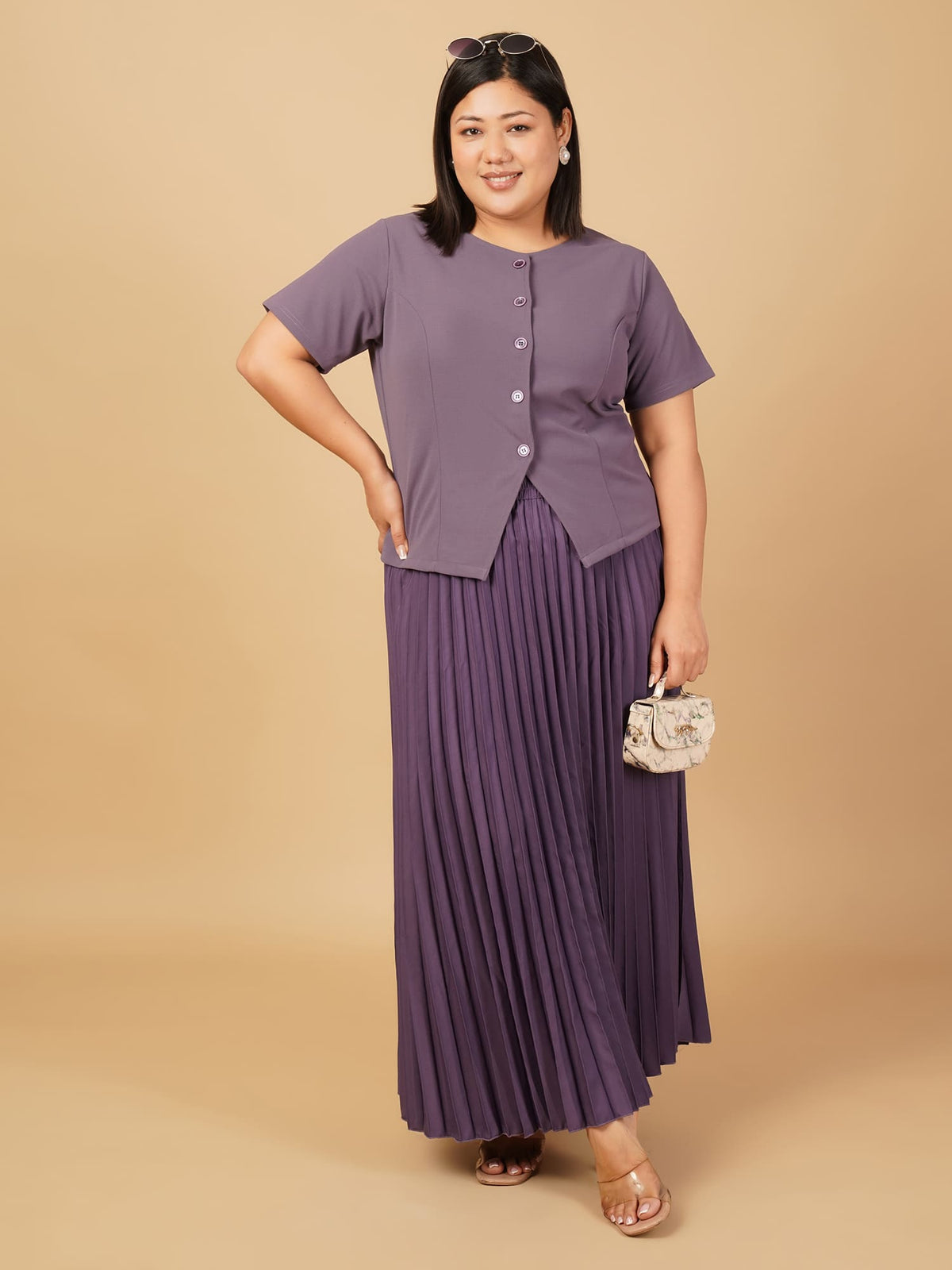 U&F Beyond Plus Size Purple Elegant Pleated Skirt Co-ord Set