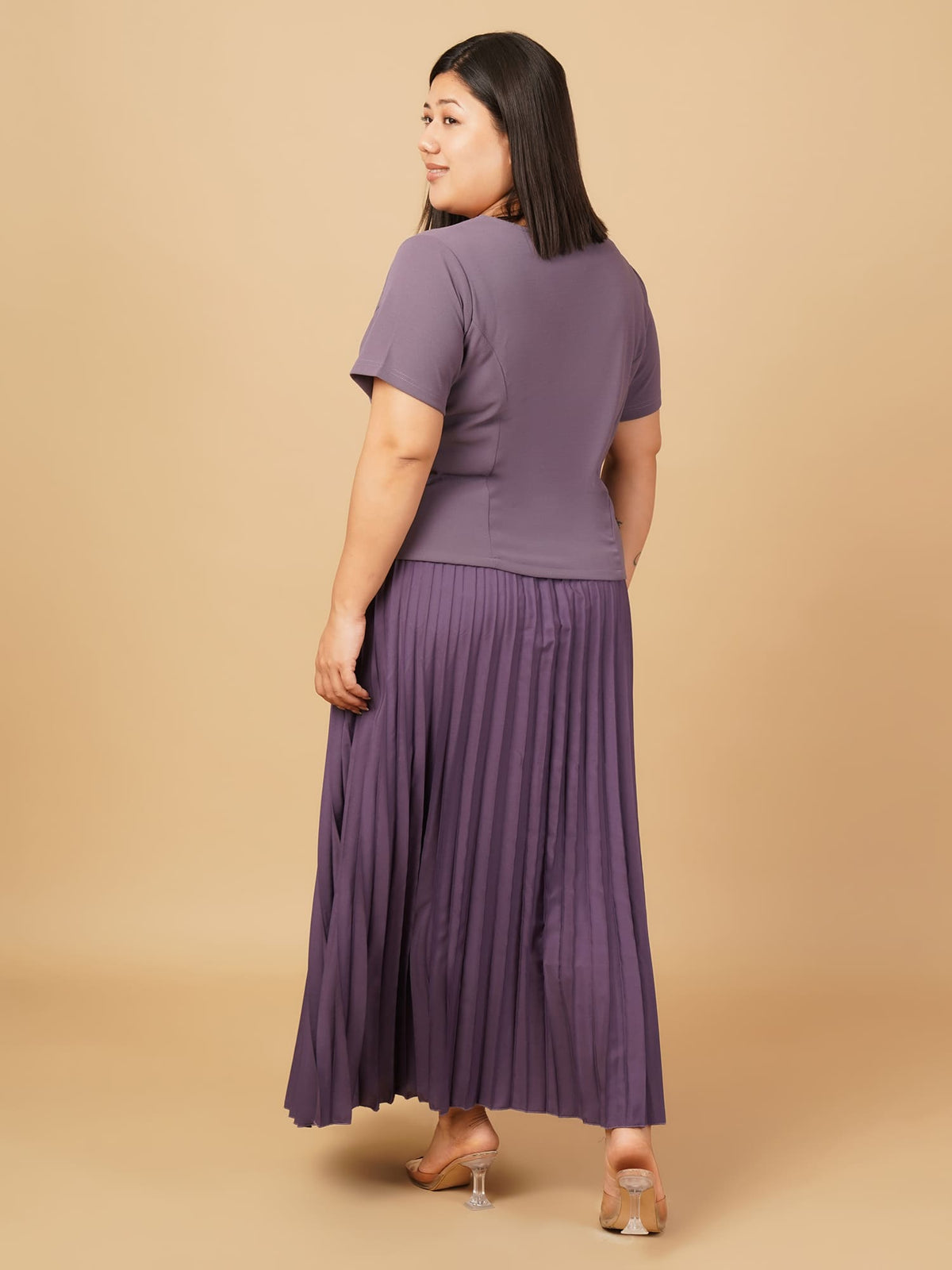 U&F Beyond Plus Size Purple Elegant Pleated Skirt Co-ord Set