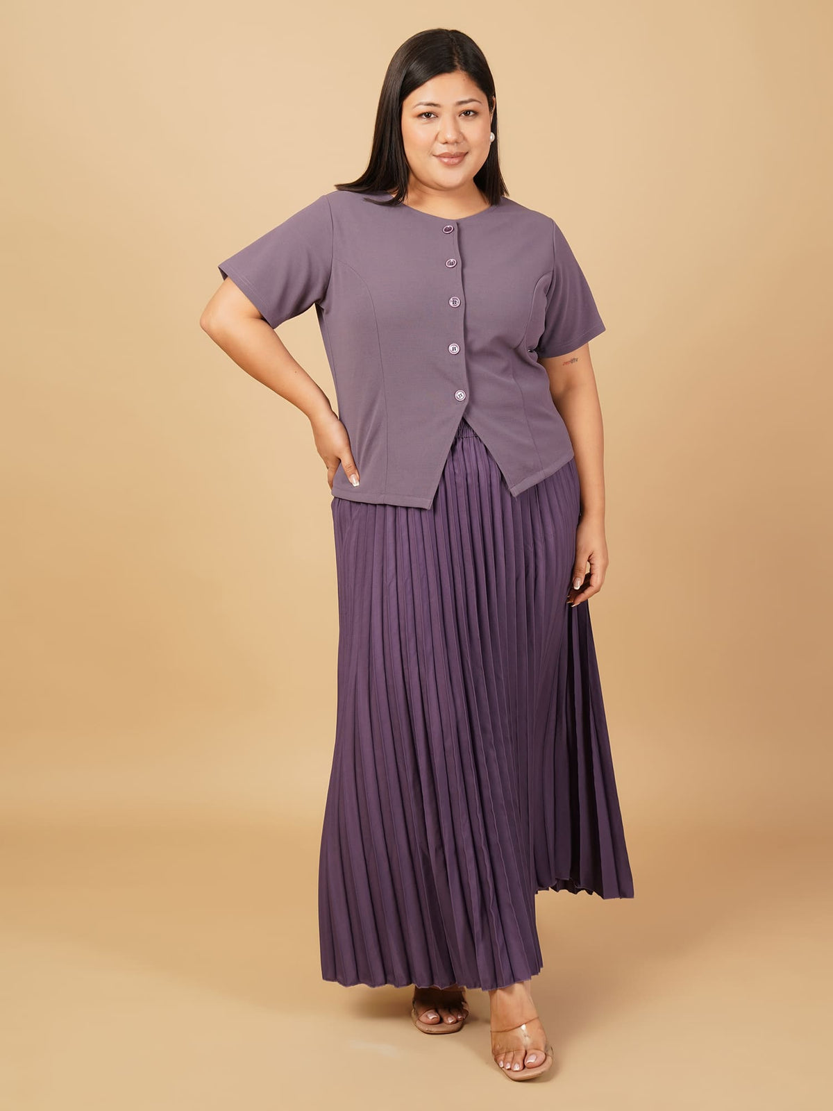 U&F Beyond Plus Size Purple Elegant Pleated Skirt Co-ord Set