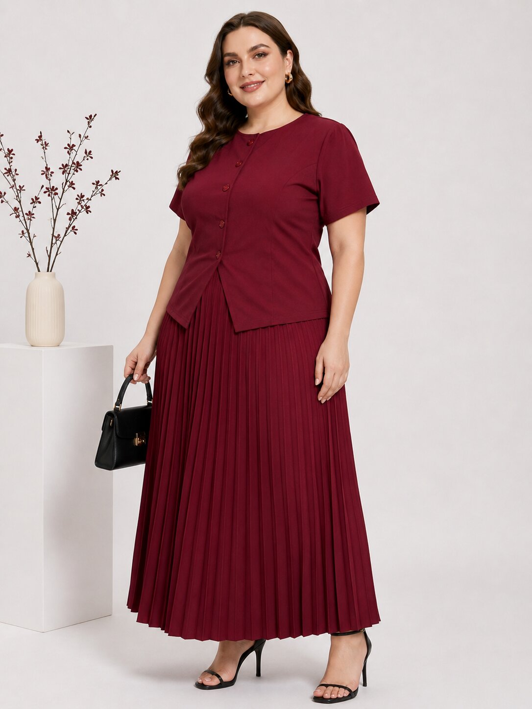 U&F Beyond Plus Size Maroon Sophisticated Pleated Co-ord Set